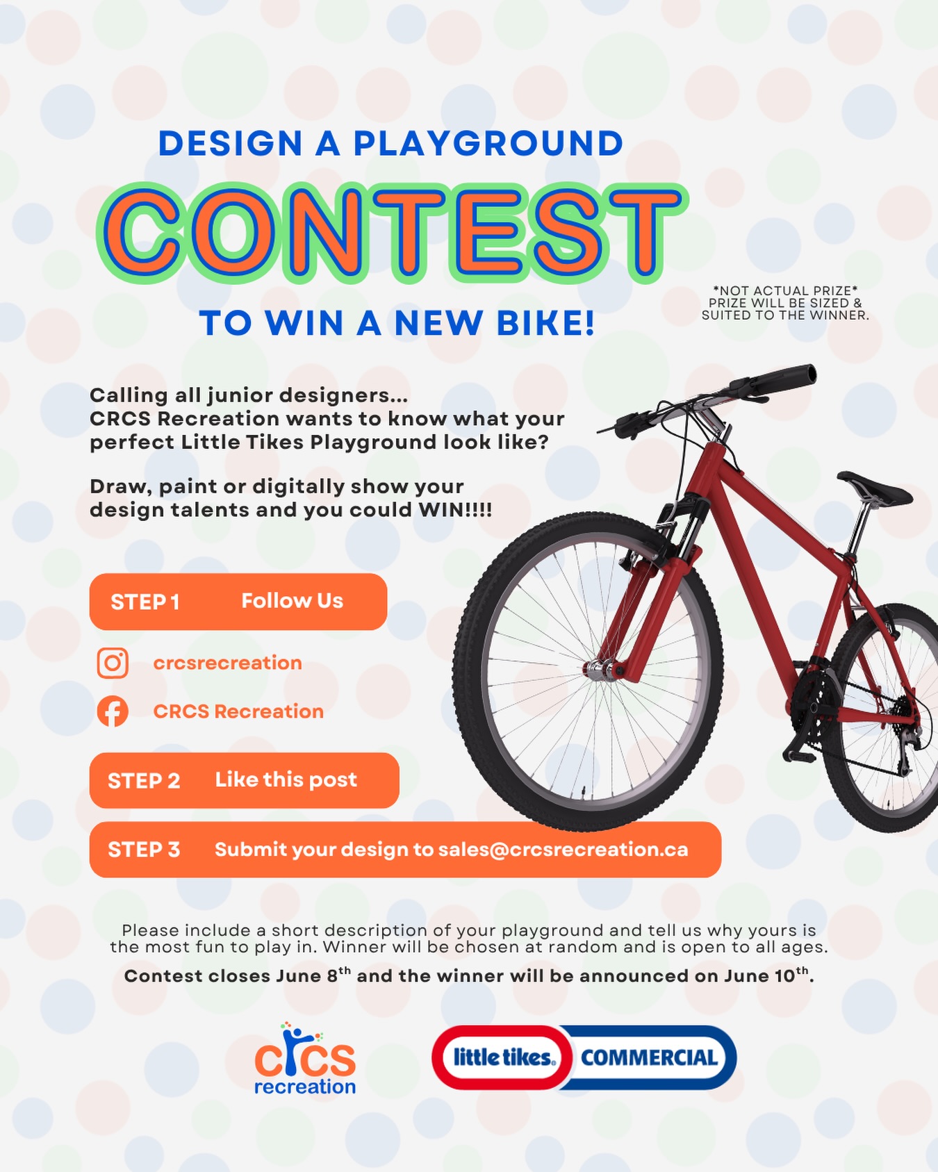 Calling all creative minds 🎨✨
We want to see your dream playground! Whether you draw it, paint it, or design it digitally...
Show us what your perfect Little Tikes playground looks like. Think big, be creative, and don’t forget to tell us what makes your design the most fun place to play.
One lucky winner will take home a prize (sized and suited just for them!) 🚲
📅 Contest closes Monday, June 8th, 2026
🏆 Winner announced Wednesday, June 10th, 2026
How to enter:
🧡 Follow us on Instagram: @crcsrecreation & Facebook: CRCS Recreation
🧡 Like this post
🧡 Submit your design to sales@crcsrecreation.ca
Let your imagination lead the way, we can’t wait to see what you create!
📞 Call us today: (705) 695-0909
📧 Email: sales@crcsrecreation.ca
Let’s build the playground of their dreams!
#PlaygroundContest #CreativeKids #DesignChallenge #LittleTikes #ImaginationAtPlay
