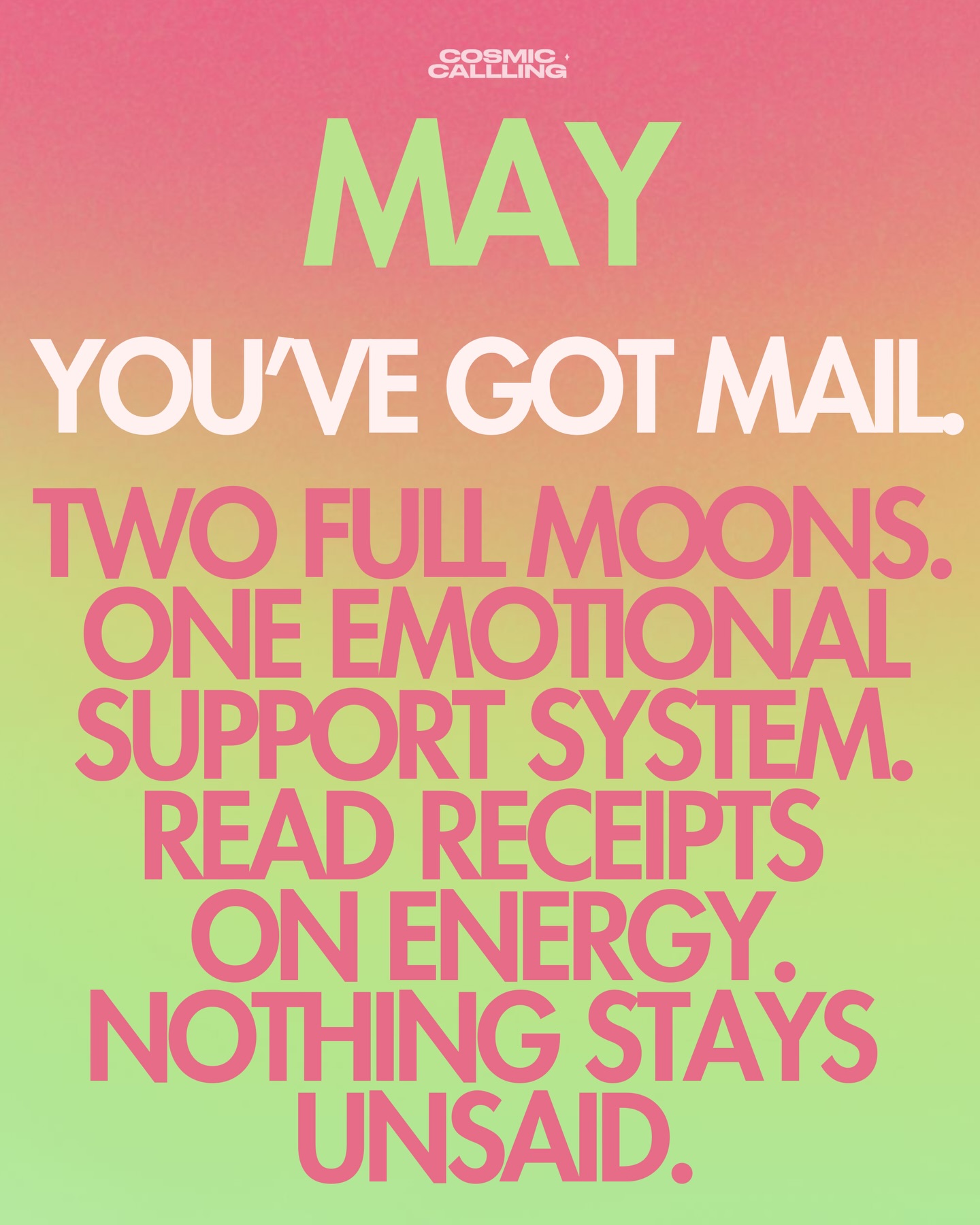 “say it, mean it, deal with it.”
May said: check your inbox….
Two full moons AND MORE
READ FOR YOUR RISING /ASCENDANT
Your horoscopes are live on cosmic-calling.com
Or check the link in bio
#mayhoroscope #horoscope2026 #may #fullmoon #uranusingemini