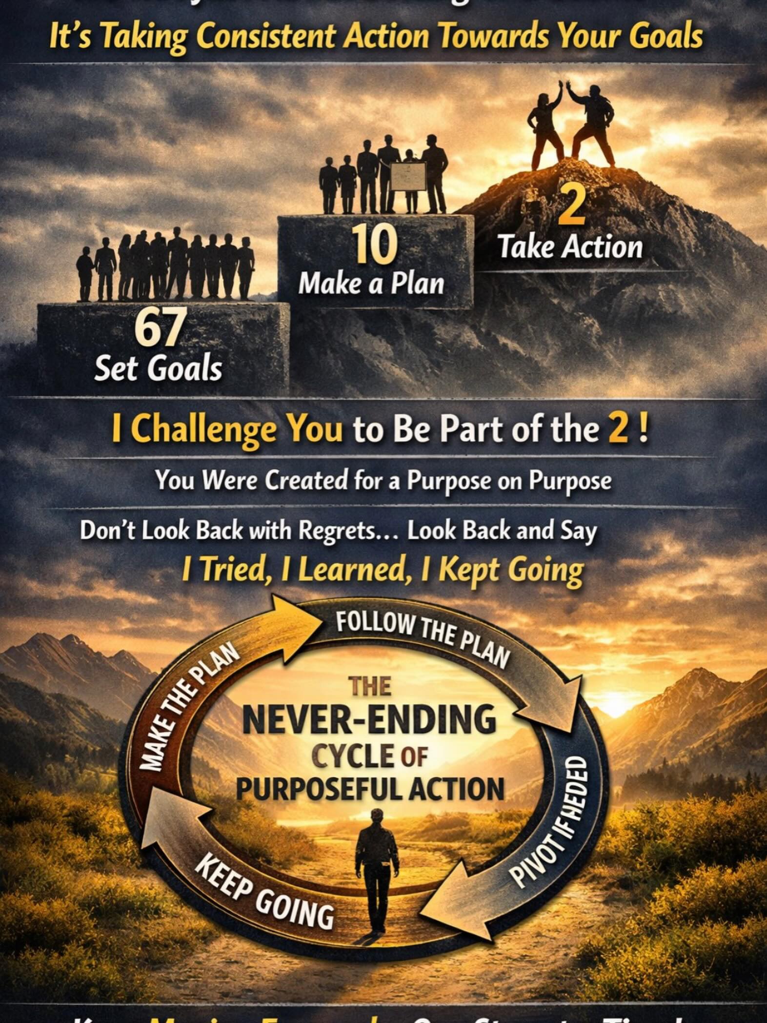 It’s not just about setting the goal.
It’s about taking consistent action toward the goals you set.
Sixty‑seven out of one hundred people set goals.
Only ten of those make a realistic plan.
And only two follow through and make it happen.
Be part of the two.
You were created for a purpose on purpose.
Don’t let life slip by and leave you looking back with regret.
Look back and say you tried, you learned, you made mistakes, and you kept going.
Make the plan.
Follow the plan.
Pivot the plan.
Keep going.