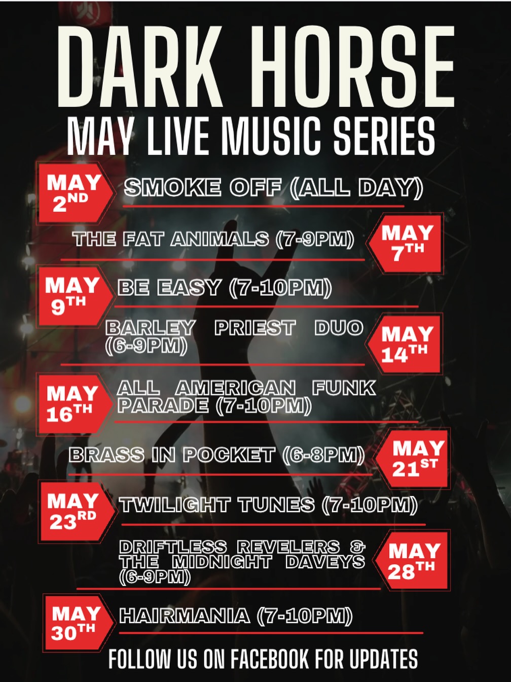 🔥 MAY LIVE MUSIC LINEUP 🔥
The wait is over… the Beer Garten at Dark Horse Brewing Company is officially OPEN with killer live music lined up all month long.
Every Thursday and Saturday local talent, cold beer and unbeatable Beer Garten nights.
📍 Dog-friendly. All ages. Always a good time🤘
#BeerGartenSeason #LiveMusicMichigan #DrinkLocal #MichiganBreweries #PatioVibes