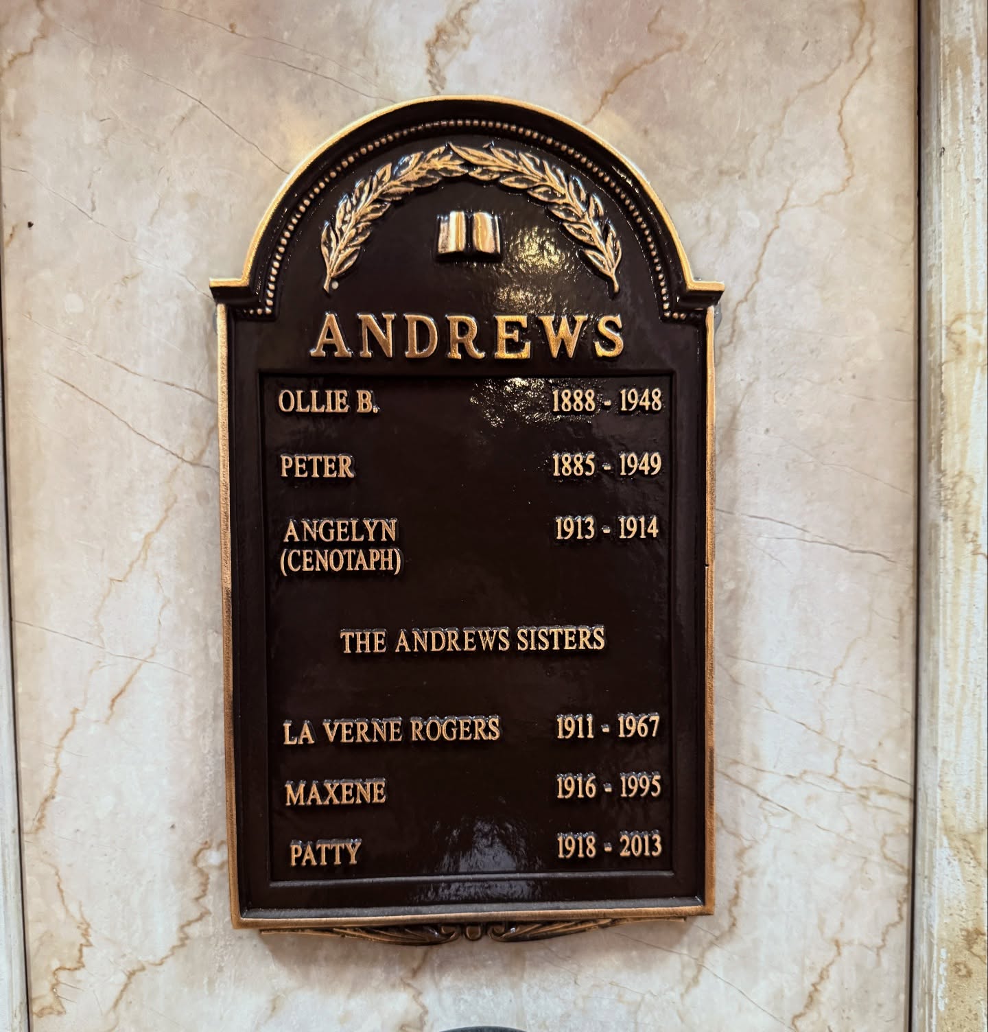 The Andrews Sisters have a new plaque on their niche in the Great Mausoleum, now also featuring Patty’s name (half of Patty’s ashes are here, the other half at Westwood).
.
#singers #grave #mausoleum #hollywood