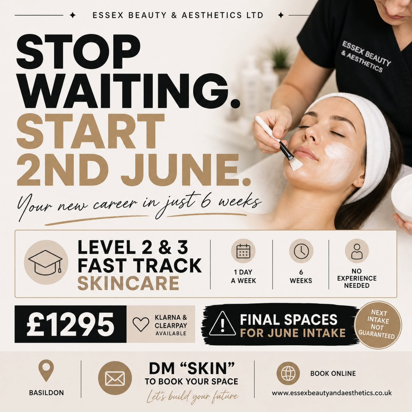 You’ve been thinking about it for a while…
But nothing changes if nothing changes.
Our Level 2 & 3 Fast Track Skincare Course starts 2nd June — and we’re down to final spaces.
In just 6 weeks (1 day a week) you could:
✔ Be fully qualified in skincare
✔ Start earning from treatments
✔ Build a career that actually fits YOUR life
No experience needed. Just a decision.
💸 £1295
💳 Klarna & Clearpay available
⚠️ Once this intake is full, it’s gone.
📩 DM “SKIN” to secure your space
📍 Basildon
🌐 www.essexbeautyandaesthetics.co.uk
#beauty #newcareer #skintreatment #essextrainingacademy #basildonbeautytraining #essexfacial #proqual #vtct