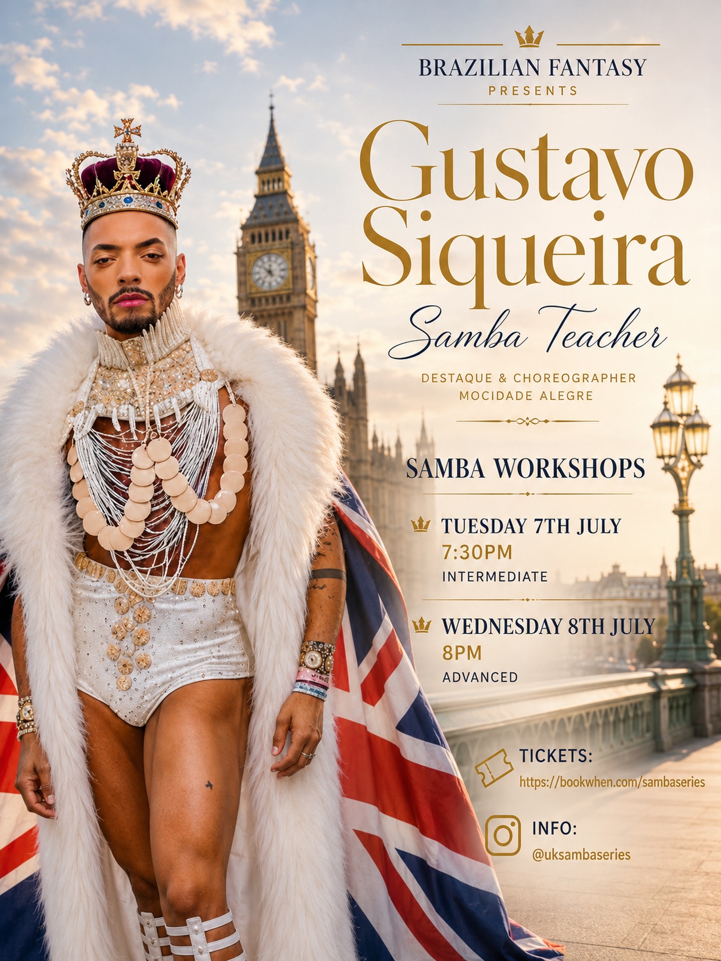 👑 The King has arrived. For the first time EVER in London, we are bringing you the one and only Gustavo Siqueira - Samba Teacher, Destaque & Choreographer of Mocidade Alegre, São Paulo 🇧🇷
This is not one to miss. Gustavo is known worldwide for his signature elegant heels style - and this exclusive workshop series is your chance to learn directly from the master himself.
🤍 These workshops are non-profit - every penny goes straight to the artist. This is our way of giving back to the samba community that gives us so much.
👠 INTERMEDIATE: Tuesday 7th July, 7:30pm
👠 ADVANCED: Wednesday 8th July, 8pm
🎟️ Tickets & booking via the link in @uksambaseries bio. Spaces are LIMITED, so don’t sleep on this!
🌟 Presented by Brazilian Fantasy, exclusively for London.
#GustavoSiqueira #Samba #SambaWorkshop #BrazilianFantasy #MocidadeAlegre