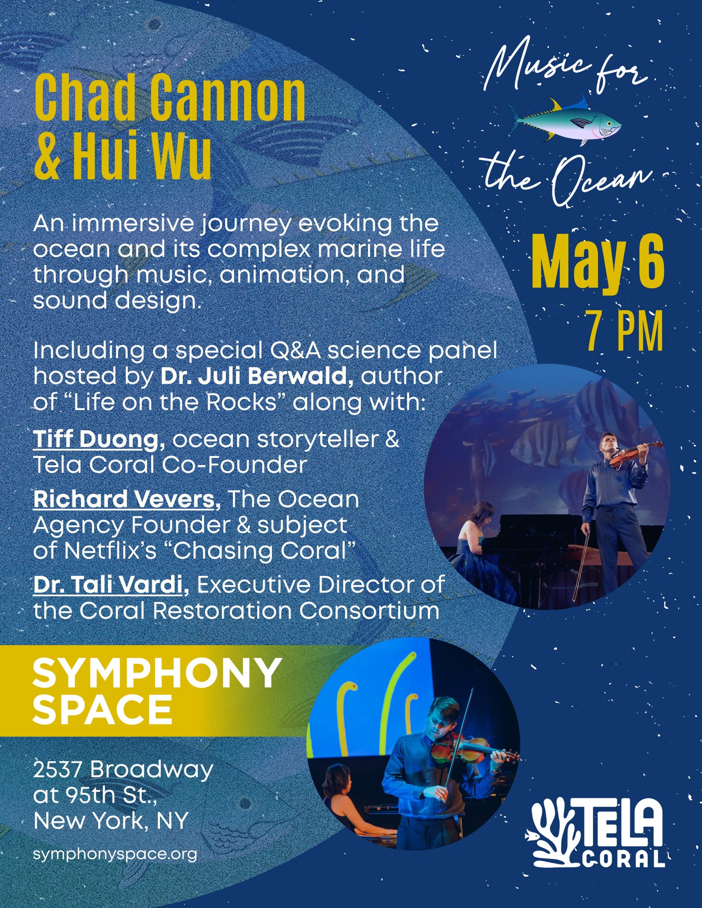 We are excited to be joining Tiff Duong (@tiffmakeswaves) and Richard Vevers (@richardvevers) for a special Q&A session panel hosted by Dr. Juli Berwald (@juliberwald) tomorrow!
Join our Executive Director, Dr. Tali Vardi, in NYC at the Symphony Space (@symphonyspace) for Music for the Ocean with Chad Cannon (@chadwickcannon) and Hui Wu (@hw.musician).
Thank you to Tela Coral (@telacoral) for facilitating this amazing panel and inviting us to spread the word about the importance of coral restoration!
