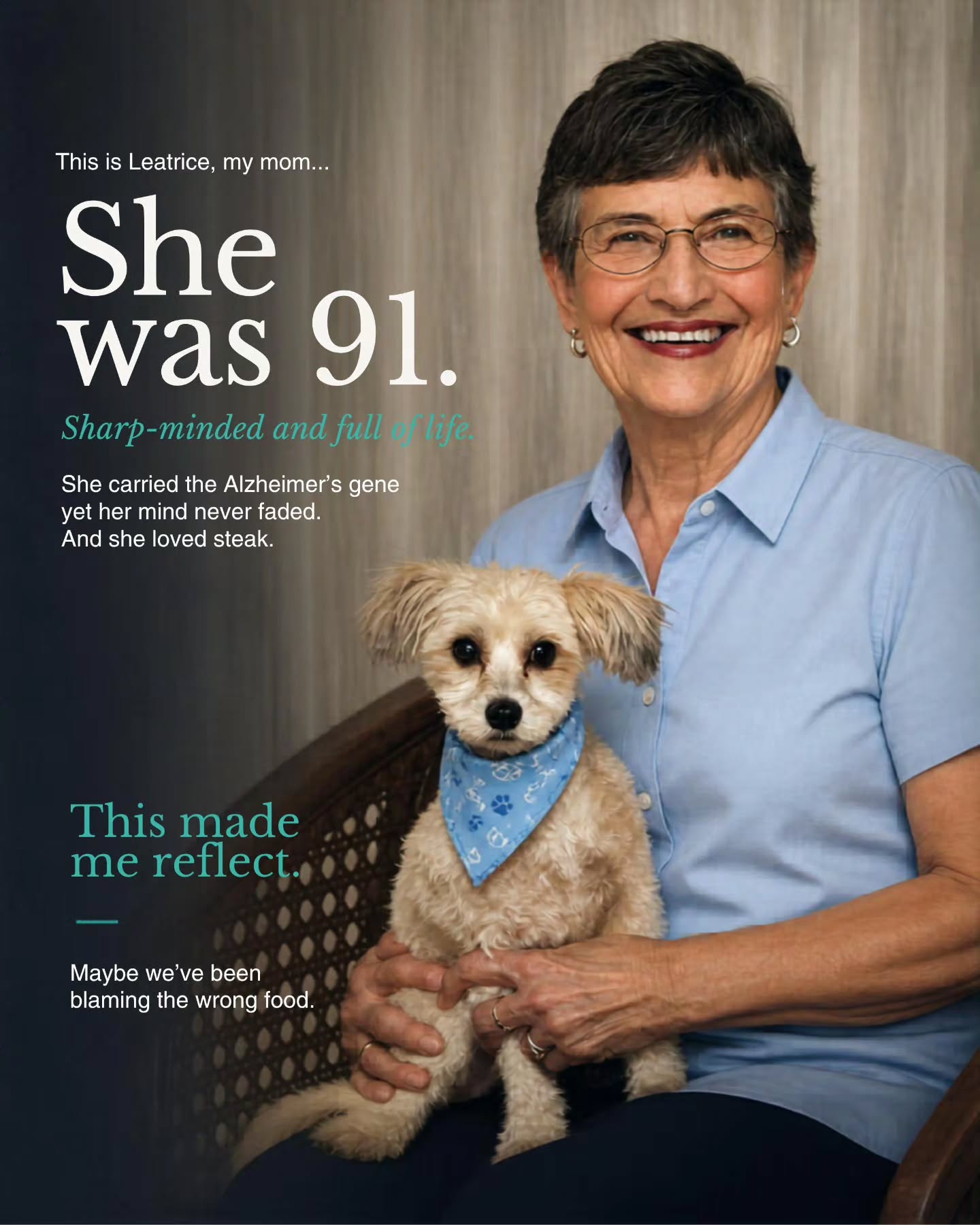 My mother lived to 91 sharp until her final hours… and she loved steak.
She carried the Alzheimer’s gene, yet her mind never faded and that makes me reflect.
Maybe we’ve been blaming the wrong food all along.
Read my article about this on fromtheheart.blog
#alzheimers #steak #prevention