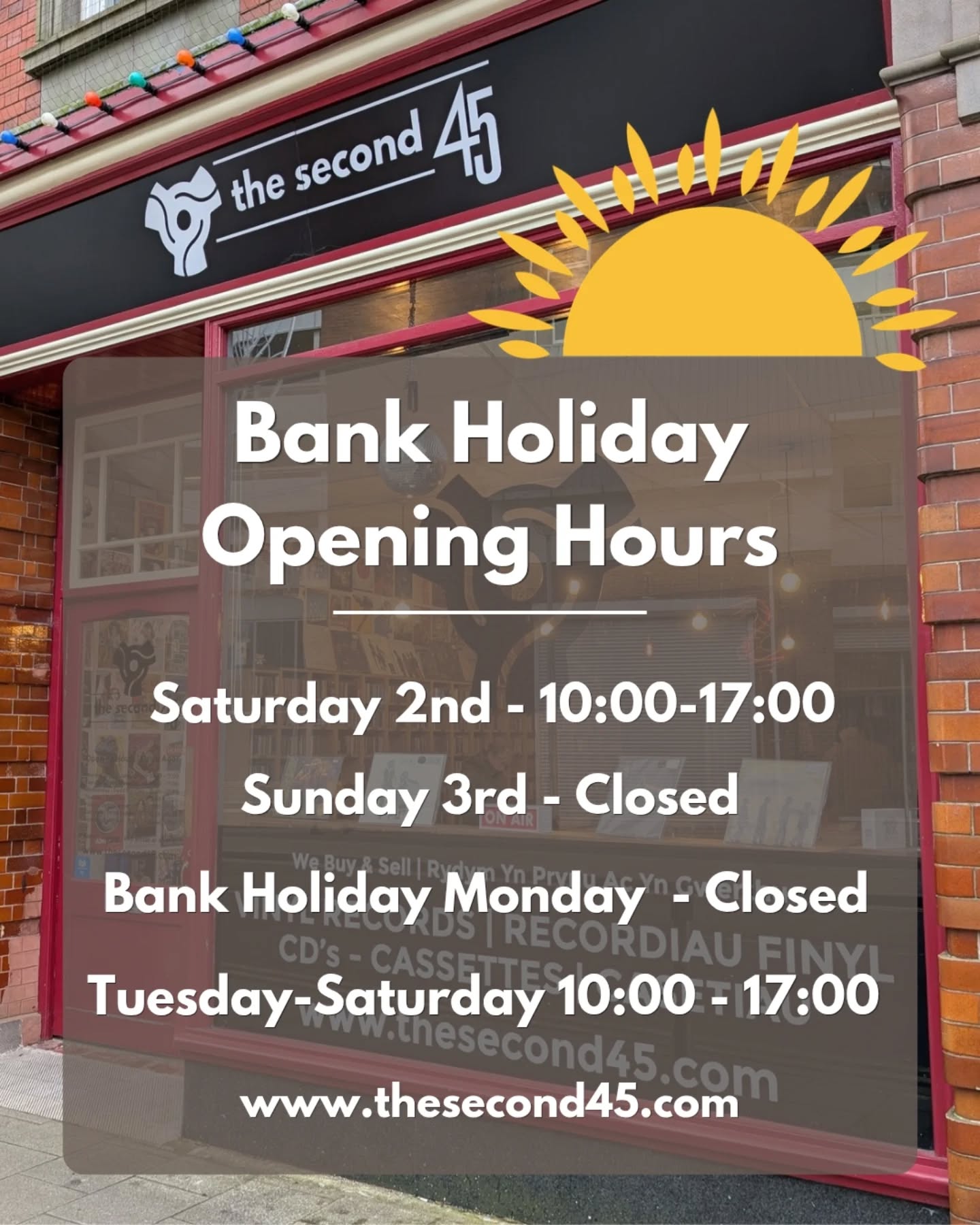 🌞 Bank Holiday weekend incoming! 🌞
Open tomorrow as usual from 10a.m. until 5p.m.
Saturday then sees us doing the same at Park Street HQ, and also we'll be attending the @recordfairswales_cymru Cardigan Record & CD Fair.
We'll be closed on Bank Holiday Monday and then back at it on the usual times from Tuesday 💪
Whatever you decide to do have a great BH weekend 😁
#thesecond45 #llanellirecordstore #vinylforsale