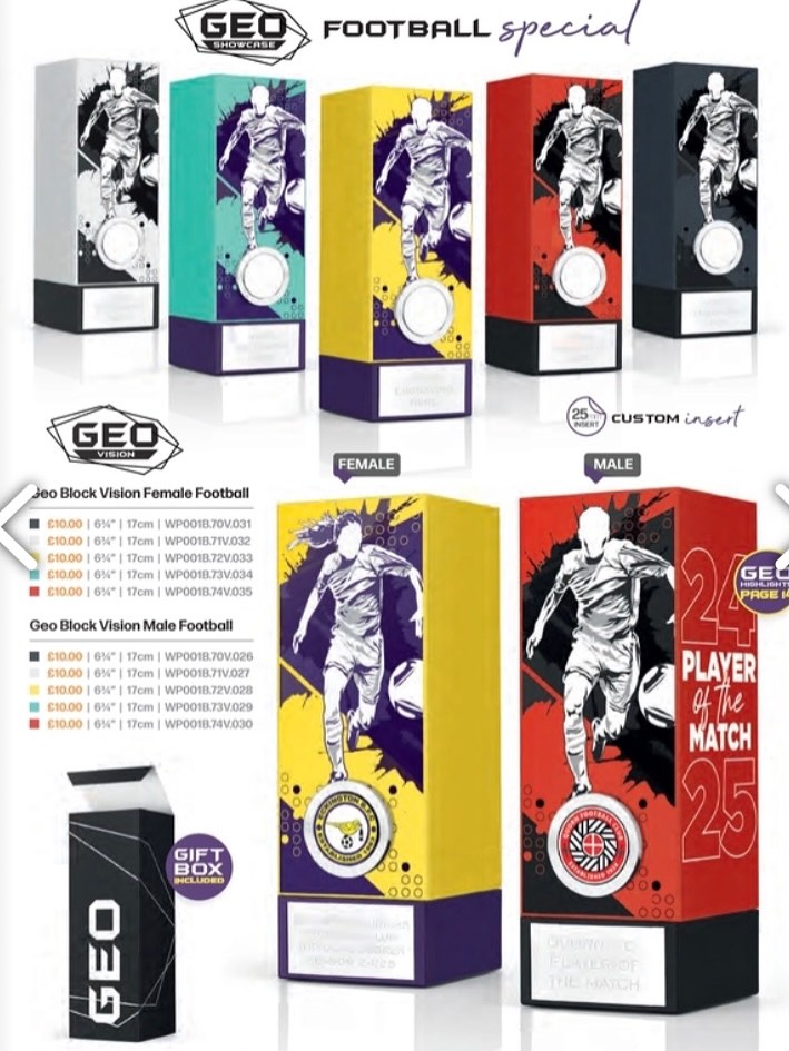 These Geo awards have been our best seller so far this year.
Available in 5 colours and with male and female versions. Engraving is free on these awards so they come out at £10 each. Please get in touch for more details.
Please note engraving is free on all trophies with an engraving plaque, extra charge applies to add a personalised club badge from 20p each.