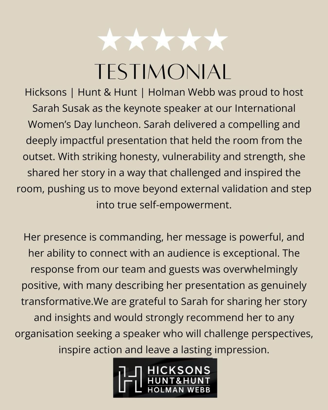 Never have I ever had response to speaking like I received from the community present at an IWD26 event hosted by Hicksons Hunt & Hunt Holman Webb Lawyers.
Invited in by @_georgettegeorges I left completely uplifted by the reactions of the firm and all of their guests.
Thank you for having me.
Visit sarah.susak.com/speaker or DM me if you need a motivational speaker for your next event.
#speaker #event #iwd #community