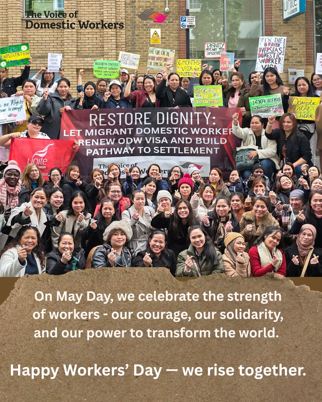 This May Day, we rise with workers everywhere — demanding justice, dignity, and the right to live and work without fear.
Migrant domestic workers keep households running, care for families, and hold up this economy, yet too many remain invisible and unprotected.
Today we say: No more exploitation. No more silence. No more hostile systems.
Workers United will never be defeated.
Join the May Day Rally on May 4