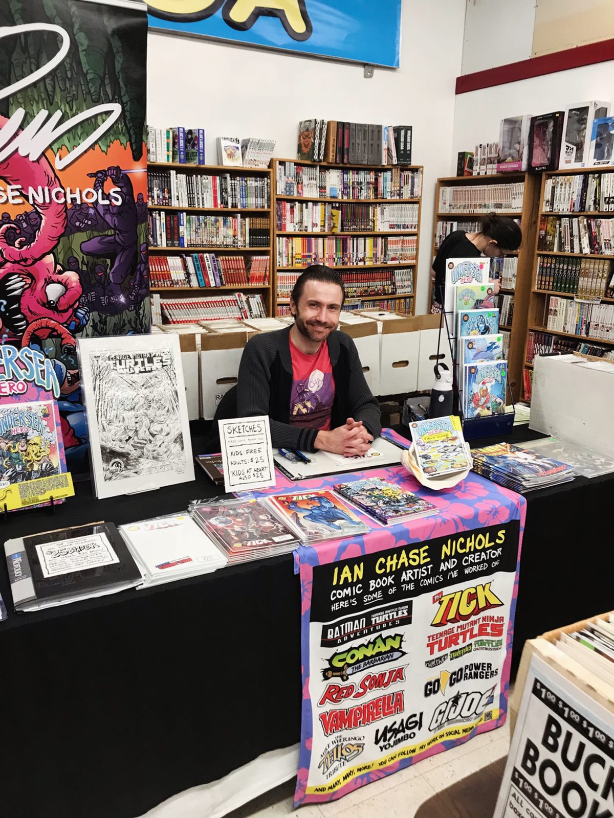 All set up for Free Comic Book Day at @newenglandcomics in Brockton! Here until 5:00! Hope to see you here. #comics #comicart #comicartist