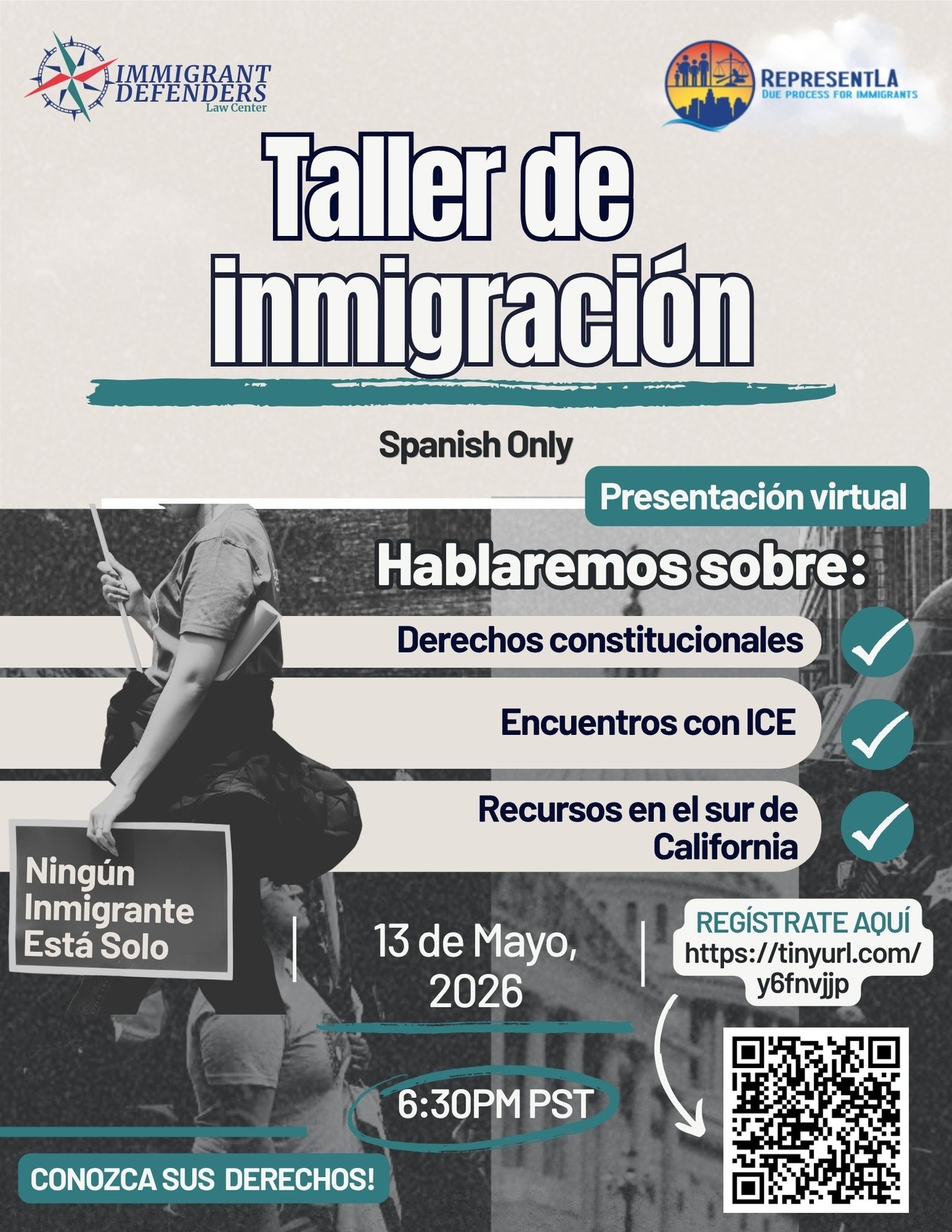 Tu estatus migratorio no anula tus derechos. Nuestros seminarios web virtuales #ConoceTusDerechos estĂĄn de regreso este mes de mayo.
Si no tienes claro cómo hacer valer tus derechos constitucionales durante un encuentro con las autoridades de inmigración, acompåñanos en nuestro seminario web virtual. En colaboración con #RepresentLA, desglosamos información esencial, que incluye:
â
Tus derechos constitucionales
â
Qué hacer durante encuentros con ICE
â
Recursos locales en todo el sur de California
La informaciĂłn es poder. Sin importar cuĂĄl sea tu estatus migratorio, tus derechos te pertenecen.
Haz clic aquĂ para registrarte: đ âĄïžhttps://tinyurl.com/cded4c2f
...
Your immigration status doesnât erase your rights. Our virtual #KnowYourRights webinar for the month of May is back.
If youâre unsure how to assert your constitutional rights during an encounter with immigration enforcement, join our virtual webinar. In partnership with #RepresentLA, we break down essential information, including:
â
Your Constitutional Rights
â
What to do during encounters with ICE
â
Local resources across Southern California
Information is power. No matter what your immigration status, your rights belong to you.
Click here to register: đ âĄïžhttps://tinyurl.com/y6fnvjjp