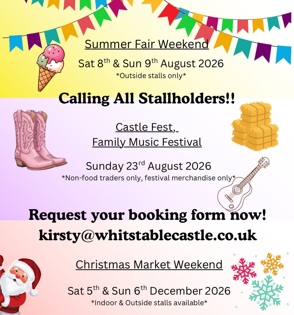 Weโre looking for fantastic stallholders to join us at Whitstable Castle for a series of exciting 2026 events!
โจ Summer Fair Weekend (8thโ9th August) โ outdoor stalls only
๐ถ Castle Fest โ Family Music Festival (23rd August) โ festival-style traders & merchandise only (no food vendors)
๐ Christmas Market Weekend (5thโ6th December) โ indoor & outdoor stalls available
Weโre especially keen to hear from a wide range of unique traders โ from handmade goods and gifts to seasonal treats and creative makers.
๐ญFor Castle Fest, weโre looking for festival vibes โ think glitter artists, boho crafts, face painters, accessories, and fun, interactive stalls!
๐ฉ Email kirsty@whitstablecastle.co.uk to request further information and your booking form
Spaces are limited โ get in touch to secure your pitch!