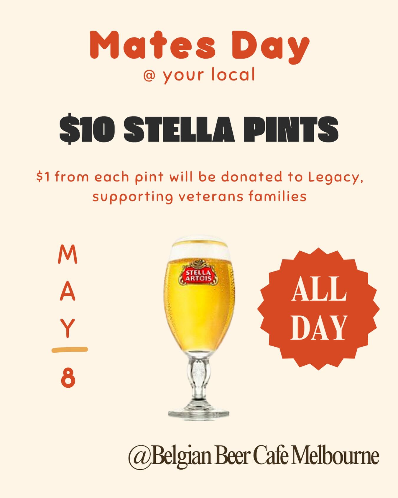 It’s Mates Day this Friday 🍻
We’re pouring $10 pints of Stella all day, and for every pint sold, $1 will be donated to Legacy, supporting Veterans Families — so you can enjoy a beer and give back at the same time.
We’ve also got a Meat Tray Raffle up for grabs 🥩
🔥 Valued at approx. $150
🎟 Tickets available throughout the day Friday
⏰ Drawn around 6pm
📍 Must be here to win
Grab your mates, grab a pint, and get in on the raffle — it’s shaping up to be a good one.
#belgianbeermelbourne #bbcmelbs