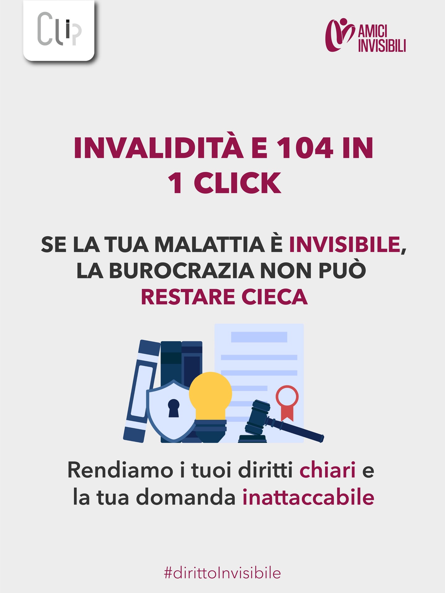 Se convivi con una malattia invisibile, avrai probabilmente sentito la frase “Ma lei sembra stare bene”.
Senza la giusta documentazione, anche la stessa Commissione INPS potrebbe faticare a “vedere” la malattia.
👉🏻 Ecco perché nasce CLIP, che ha l’obiettivo di raccogliere i tuoi documenti in un fascicolo chiaro e completo.
💬 Commenta con “DIRITTO” o scrivici in DM per attivare la consulenza di orientamento gratuita dedicata ai sostenitori di Amici Invisibili.
#AmiciInvisibili #CLIP