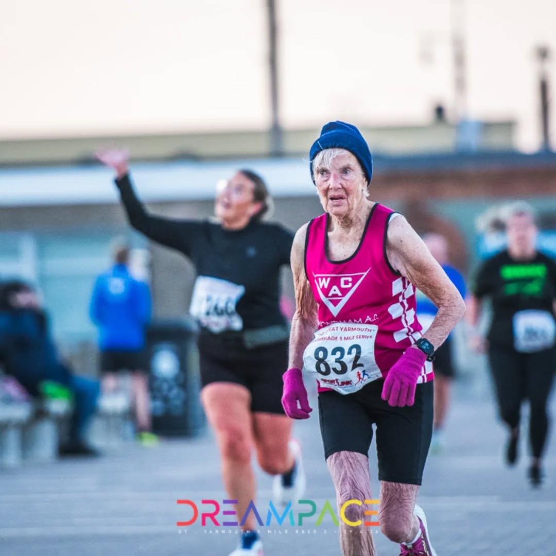 A huge shout out to WAC legend Eva Osborne, who not only won the V75 age category at Great Yarmouth Road Runners 5 miler this week but smashed our club W85 record and the British record π¬π§.
Eva is one of our founding memories and is an inspiration to everyone at Wymondham AC. Congratulations Eva!