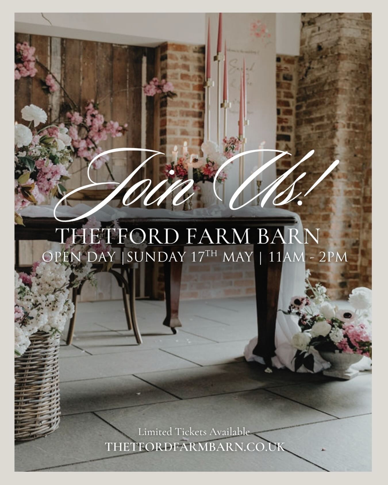 We’re so excited to be part of the upcoming Open Day at Thetford Farm Barn ✨
If you’re newly engaged and searching for your wedding venue, this is the perfect opportunity to explore Thetford Farm Barn beautifully dressed for a wedding day.
Why not come along, meet us there, and start bringing your ideas to life? 🤍
📍 Thetford Farm Barn
📅 Sunday 17th May
⏰ 11am – 2pm
🎟️ Tickets available at An Unforgettable Luxury Wedding Venue | Thetford Farm Barn
We can’t wait to see you there!
#ThetfordFarmBarn #LincolnshireWeddingVenue #OpenDay #LuxuryBarnWedding #LincolnshireWeddings WeddingInspiration JustEngaged WeddingSuppliers.
