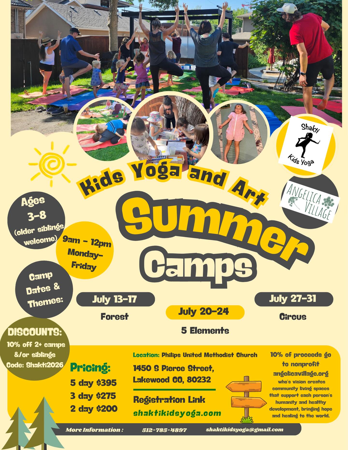 Still looking for summer camp options? Check out Shakti Kids Yoga camp for kids ages 3-8!
Angelica Village is hoping for three sponsors to send kids this summer at 50% off! Please email ana@angelicavillage.org for the discount code.
https://www.shaktikidsyoga.com/yoga-art-camps