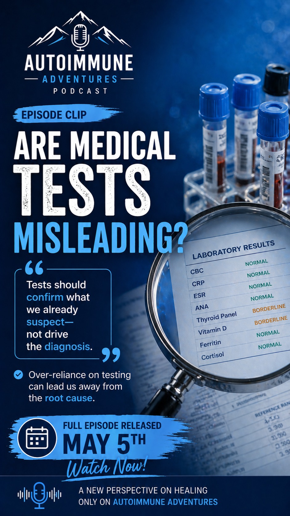 Are medical tests misleading?
Dr. Jess explains why testing should confirm what we already suspect—not drive the diagnosis—and how over-reliance on tests can lead us away from the root cause.
Full episode released May 5th. Watch now.
#AutoimmuneAdventures #DrJess #MedicalTesting #FunctionalMedicine #ChronicIllnessJourney #AutoimmuneSupport #RootCause #HealthEducation #WellnessPodcast #NowLive