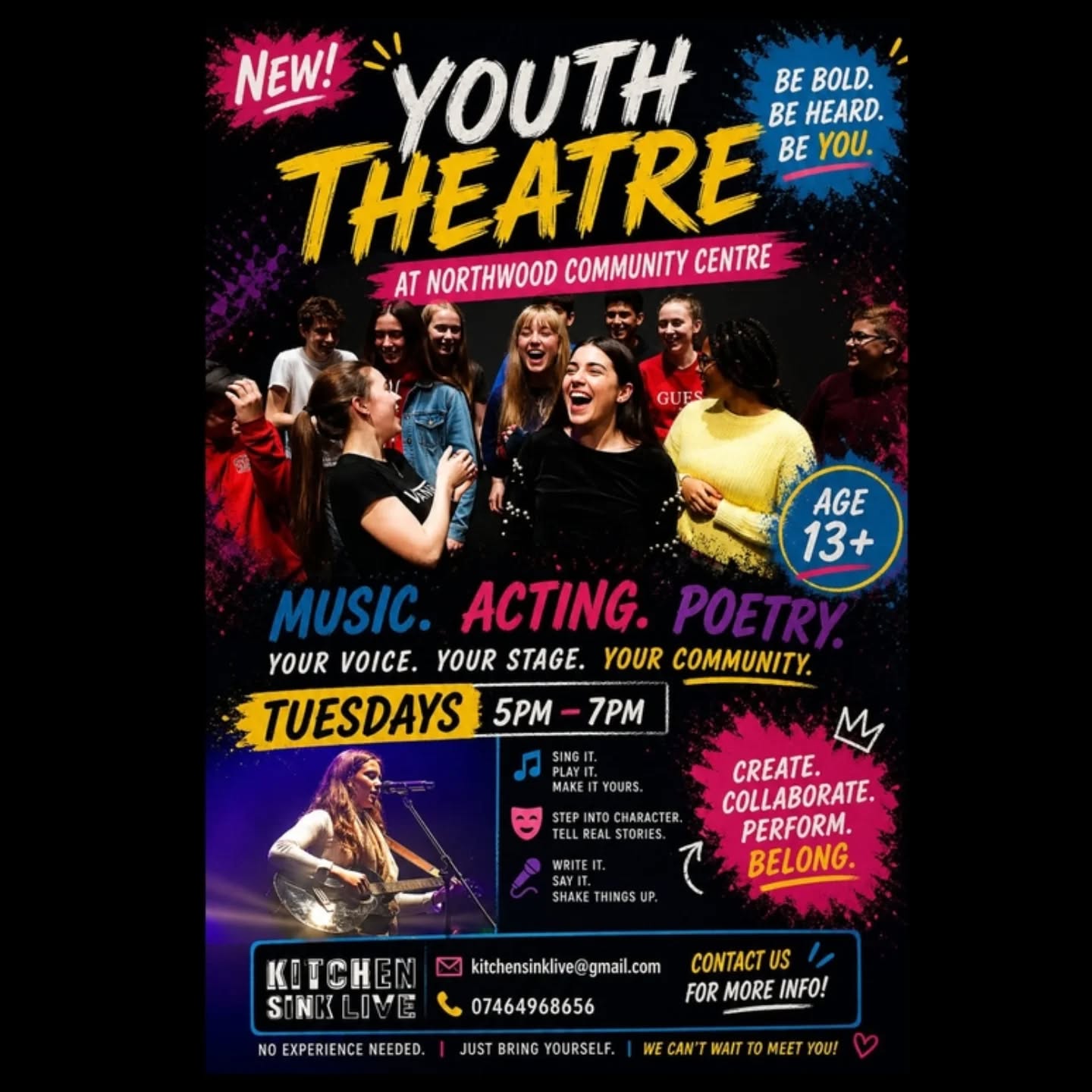🎭✨ Something new is starting! ✨🎭
We’re excited to welcome you to our Northwood Youth Theatre weekly sessions!
🗓 Every Tuesday 5pm-7pm
📅 20-week programme
It is a fun, relaxed space to explore drama, music, and creativity 🎶🎬
No experience is needed, whether you’ve never tried acting before or just want to give something new a go.
It’s all about building confidence, making friends, and having a good time in a supportive environment.
📩 Get in touch for more info or to sign up, we’d love to hear from you or simply tag people who might be interested.
Kitchensinklive@gmail.com
Or direct messege on Instagram.
#NorthwoodYouthTheatre #YouthTheatre #Drama #Music #CreativeSpace