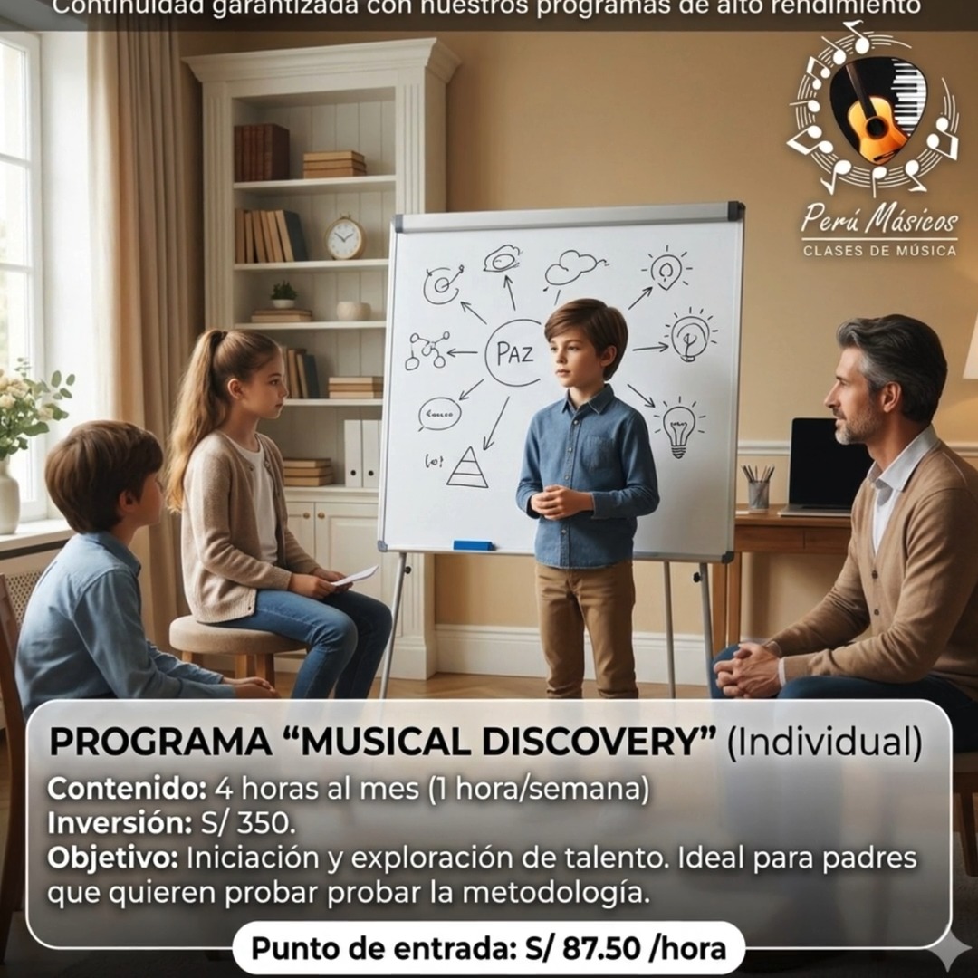 🎶 El Despertar del Talento ¿Tendrá tu hijo un talento oculto para la música? Hoy es el día para descubrirlo. ✨
Muchos padres sienten la corazonada de que su hijo tiene un ritmo especial, pero no saben por dónde empezar. El programa Musical Discovery de Perú Músicos es la puerta de entrada perfecta para transformar esa curiosidad en una experiencia real. 🎹
Este programa de iniciación está diseñado específicamente para evaluar la afinidad rítmica y sensorial de tu pequeño, permitiéndote probar nuestra metodología sin compromisos a largo plazo.
¿Qué incluye el Programa Musical Discovery?
✅ Exploración guiada: 1 hora a la semana (4 horas al mes) de inmersión total.
✅ Evaluación de afinidad: Identificamos el instrumento y el ritmo que mejor conectan con su personalidad.
✅ Metodología PNL: Un enfoque educativo que garantiza una conexión instantánea y divertida con el aprendizaje.
Es el primer paso ideal para quienes buscan calidad, prestigio y una guía profesional desde el primer día.
📍 Clases a domicilio en Lima y Online para todo el mundo.
"En este nivel, no pagas por horas de instrucción, sino por un sistema diseñado para que tu hijo desarrolle disciplina y sensibilidad artística desde casa."
¡Empecemos hoy! Escribe la palabra "DISCOVERY" al DM o al WhatsApp para agendar su primera sesión de exploración. 🚀
www.perumusicos.com
Reserva tus clases al Whatsapp https://wa.me/51922168421 y https://wa.me/51984150584 ¡Esperamos verte pronto!
#PeruMusicos #MusicalDiscovery #ClasesDeMusica #TalentoInfantil #PianoParaNiños #MusicaEnCasa #EducacionIntegral #LimaNiños #AprendizajeCreativo #PrimerosPasosMusicales #ClasesOnline #DisciplinaYArte