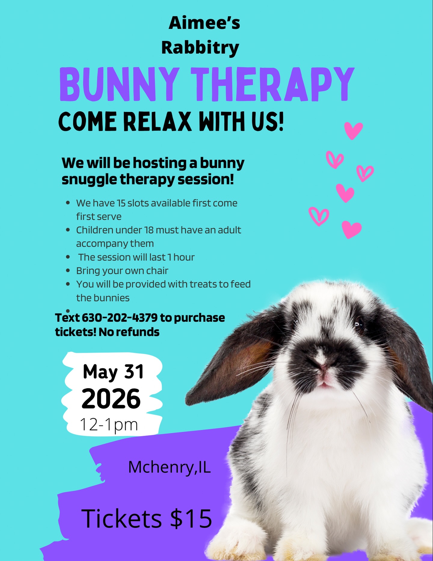 Bunny Therapy is BACK 🤍🐰
Come relax, unwind, and spend an hour snuggling sweet bunnies at Aimee’s Rabbitry! Whether you need stress relief, a fun outing, or just some bunny therapy, we’d love to have you join us.
Limited spots available — first come, first serve!
Text 630-202-4379 to reserve your tickets.