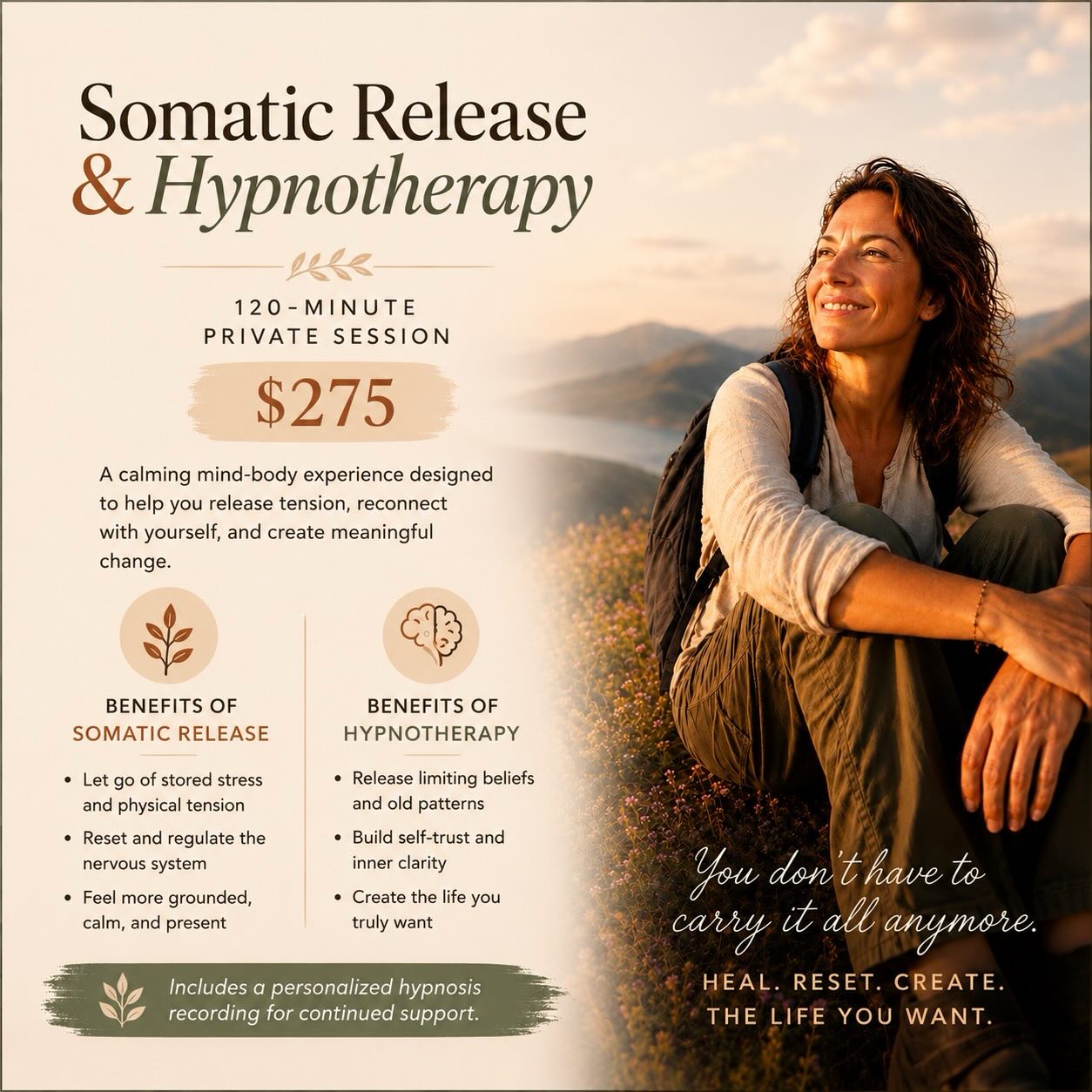 THIS 👆🏻 is what changed my life 💯 about 15 years ago. I tried different traditional therapies and nothing stuck… Your body remembers and needs a chance to reset + your mind can’t “think it’s way” out of outdated behaviours! Real change happens in the exact same way those beliefs were planted within you in the first place: Through subconscious programming in childhood and beyond. Somatic Release supports you letting go of stored patterns held in the physical body and Hypnotherapy safely explores those limiting beliefs that might hold you back! So you can make space for the real & authentic YOU 💛✌🏻