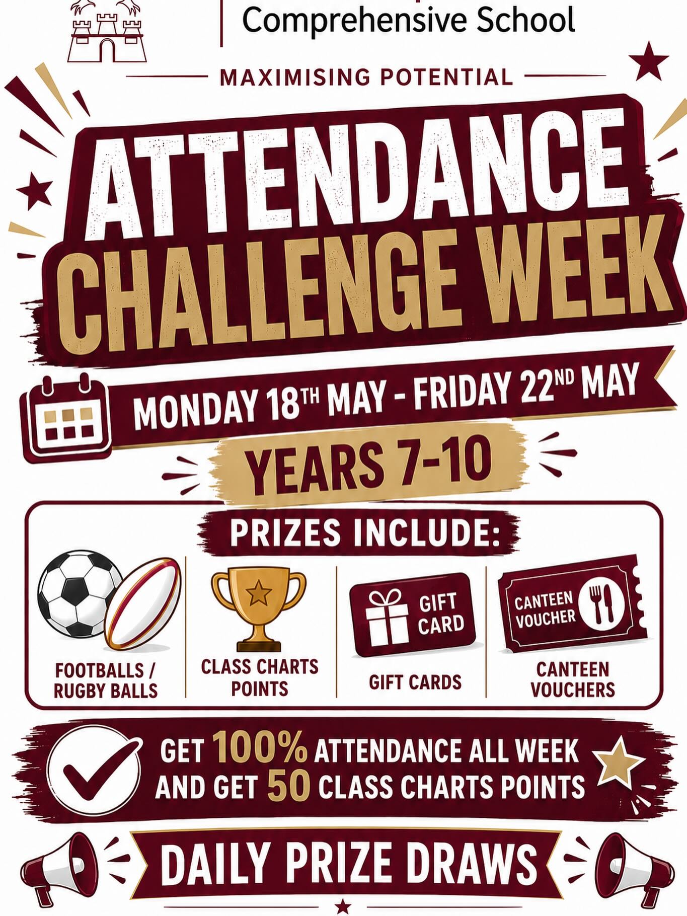 🚨 ATTENDANCE CHALLENGE WEEK IS HERE!🚨
📅 **Monday 18th May – Friday 22nd May**
👥 Years 7–10
This week, we’re challenging all students to achieve 100% attendance and be in with a chance to win some fantastic prizes! 🎉
🏆 Prizes include:
⚽ Footballs & rugby balls
⭐ Class Charts points
🎁 Gift cards
🍽️ Canteen vouchers
✅ Attend every day this week and earn 50 Class Charts points
🎟️ Plus, there will be daily prize draws!
#AttendanceMatters #AttendanceChallengeWeek #MaximisingPotential