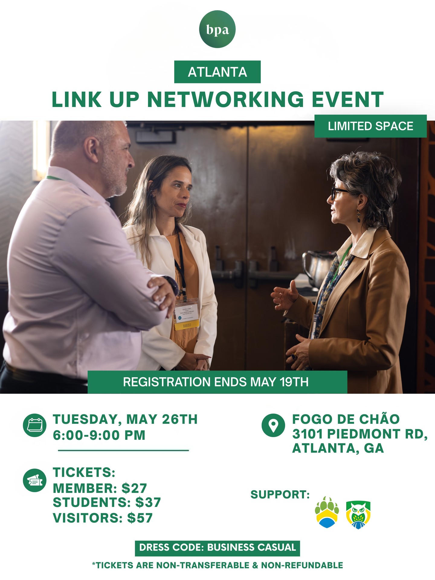 Whether you’re an entrepreneur, a leader, C-suite executive, business owner, or public official, this is your chance to connect, exchange ideas, and discover new career and business opportunities in a dynamic and motivating environment.
Expect great conversations, new connections, exciting collaborations, and the BPA vibe you already know makes every event special!
📅 Date: Tue, May 26th
⏰ Time: 6:00-9:00 PM
📍 Location: Fogo de Chão,
3101 Piedmont Rd, Atlanta, GA
🎟️ Tickets:
• MEMBERS: $27
• STUDENTS: $37
• VISITORS: $57
REGISTRATION ENDS MAY 19TH
👉 LINK IN BIO 👈
🎟️ Tickets are non-refundable and non-transferable
🚫 No walk-ins
⏳ Limited spots
Tag a friend who should be there and come connect with us!
Growing stronger together, one connection at a time.
PHOTO: @twosensephotography
.
.
.
#BPAAtlanta
#LinkUpNetworkingEvent #NetworkingNight #BrazilianProfessionalsAbroad