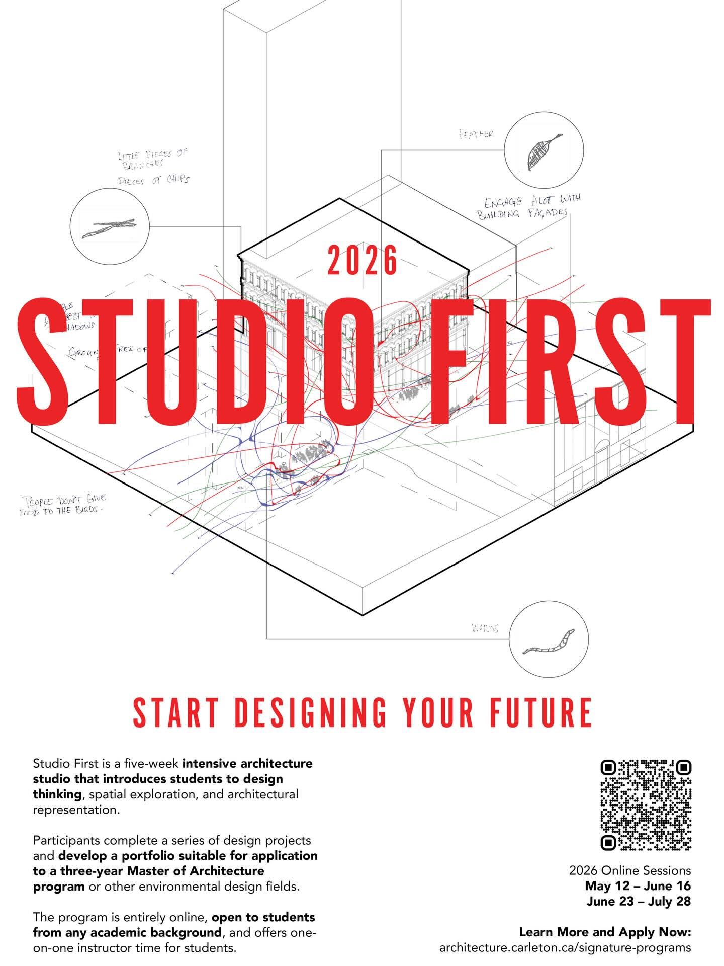 Interested in exploring the field of architecture? Wondering if an M.Arch is your future? Want to strengthen your portfolio? Then you should enroll in Carleton’s summer post baccalaureate STUDIO FIRST program! @carleton_architecture
STUDIO FIRST is a short, intense, and impactful program for people with no formal background in architecture who are considering graduate studies in architecture, urban design, or landscape architecture. The program is designed as a bridge into architectural education, helping participants build foundational design skills and develop portfolio material for future graduate applications.
2026 Online Sessions
May 12 - June 16
June 23 - July 28
Learn More and Apply Now:
architecture.carleton.ca/signature-programs