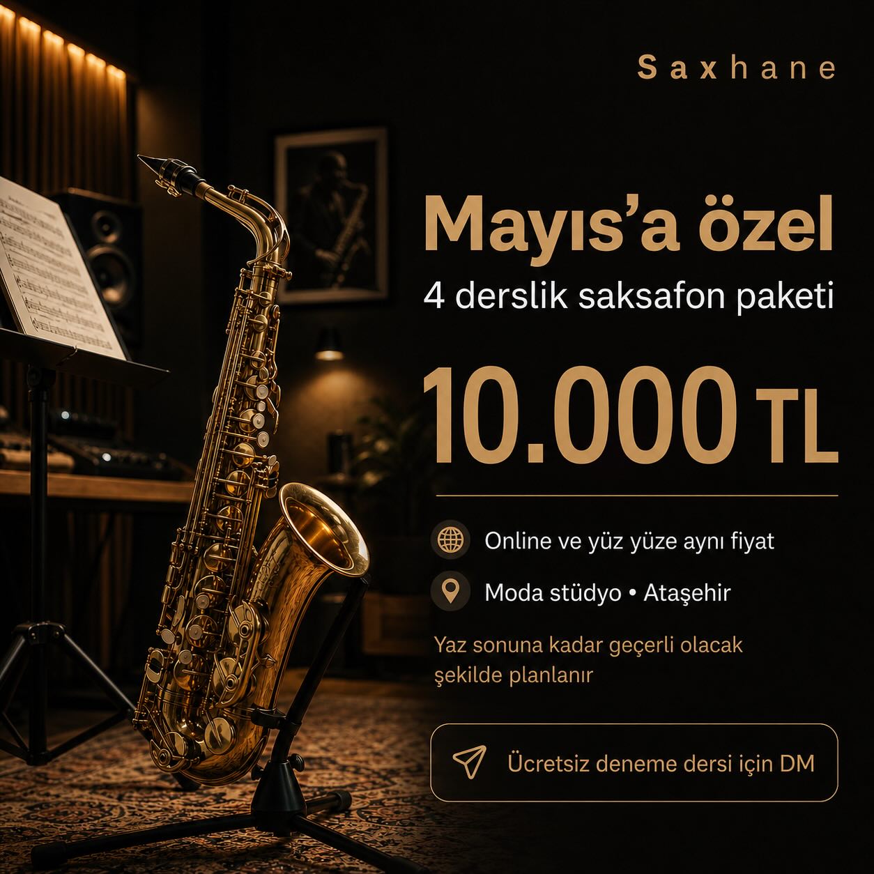 Mayıs’ta saksafona başlamak isteyenler için küçük bir not 🎷
4 derslik saksafon paketimiz Mayıs ayına özel 10.000 TL.
Mayıs içinde kayıt oluşturan öğrencilerimiz, derslerini yaz sonuna kadar bu ücret üzerinden planlayabilecek. Haziran itibarıyla paket ücretimiz güncellenecek.
Dersler Moda stüdyomuzda, Ataşehir’de veya online yapılabiliyor. Online ve yüz yüze arasında fiyat farkı yok.
Ücretsiz deneme dersi için DM’den bize yazman yeterli.
Uygun gün/saat aralıklarını birlikte netleştirip ilk dersi planlayalım.
Başlamak istiyorsan Mayıs iyi bir zaman olabilir.
#saxhane #saksafondersi #saksafon #saxophone