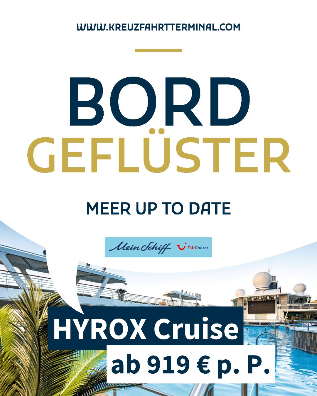 🛳️ 𝗙𝗶𝘁𝗻𝗲𝘀𝘀 𝘁𝗿𝗶𝗳𝗳𝘁 𝗪𝗼𝗵𝗹𝗳ü𝗵𝗹-𝗞𝗿𝗲𝘂𝘇𝗳𝗮𝗵𝗿𝘁 💪
Was passiert, wenn intensive 𝗛𝗬𝗥𝗢𝗫-𝗪𝗼𝗿𝗸𝗼𝘂𝘁𝘀 auf das Premium-Erlebnis von 𝙈𝙚𝙞𝙣 𝙎𝙘𝙝𝙞𝙛𝙛® treffen?
Deine wahrscheinlich außergewöhnlichste Reise 2026 mit der 𝘔𝘦𝘪𝘯 𝘚𝘤𝘩𝘪𝘧𝘧 𝟦.
Die 𝗛𝗬𝗥𝗢𝗫 𝗖𝗿𝘂𝗶𝘀𝗲 verbindet zwei Welten:
Funktionelles Training, Challenges und echte Community – kombiniert mit Entspannung, Genuss und erstklassigem Service an Bord.
Darauf kannst du dich freuen:
- 4 Tage voller Training, Community & Gänsehaut-Momente
- 𝗛𝗬𝗥𝗢𝗫 Workouts und Challenges
👉 Mit Gleichgesinnten, Coaches & echten Athleten
- Hochwertige Kabinen und großzügige Wohlfühlbereiche
- 𝗣𝗿𝗲𝗺𝗶𝘂𝗺 𝗔𝗹𝗹𝗲𝘀 𝗜𝗻𝗸𝗹𝘂𝘀𝗶𝘃𝗲 mit vielen Getränken und kulinarischer Vielfalt 🍽️
- Spa, Sauna und Entspannung mit Meerblick 🌊
Egal ob du bereits 𝗛𝗬𝗥𝗢𝗫 begeistert bist, neugierig auf neue Trainingsreize oder einfach eine besondere 𝙈𝙚𝙞𝙣 𝙎𝙘𝙝𝙞𝙛𝙛® Reise suchst – hier bekommst du Urlaub und Herausforderung in perfekter Balance.
Termin: 21.10.-25.10.2026
Route: Palma - Marseille - Barcelona - Palma
💸 𝗝𝗲𝘁𝘇𝘁 𝗮𝗯 𝟵𝟭𝟵 € 𝗽. 𝗣. 𝗞𝗮𝗯𝗶𝗻𝗲 𝘀𝗶𝗰𝗵𝗲𝗿𝗻:
☎️/💬 🇩🇪+49 651 98 22 30 40 🇱🇺+352 269 492 40
📧 urlaub@kreuzfahrtterminal.com
🌐 https://www.kreuzfahrtterminal.com/hyrox-cruise
𝗠𝗘𝗘𝗥𝗕𝗟𝗜𝗖𝗞? 𝗞𝗧⚓
#hyroxexperiences #meinschiff #hyroxcruise #fitnesskreuzfahrt #kreuzfahrten #kreuzfahrtterminal