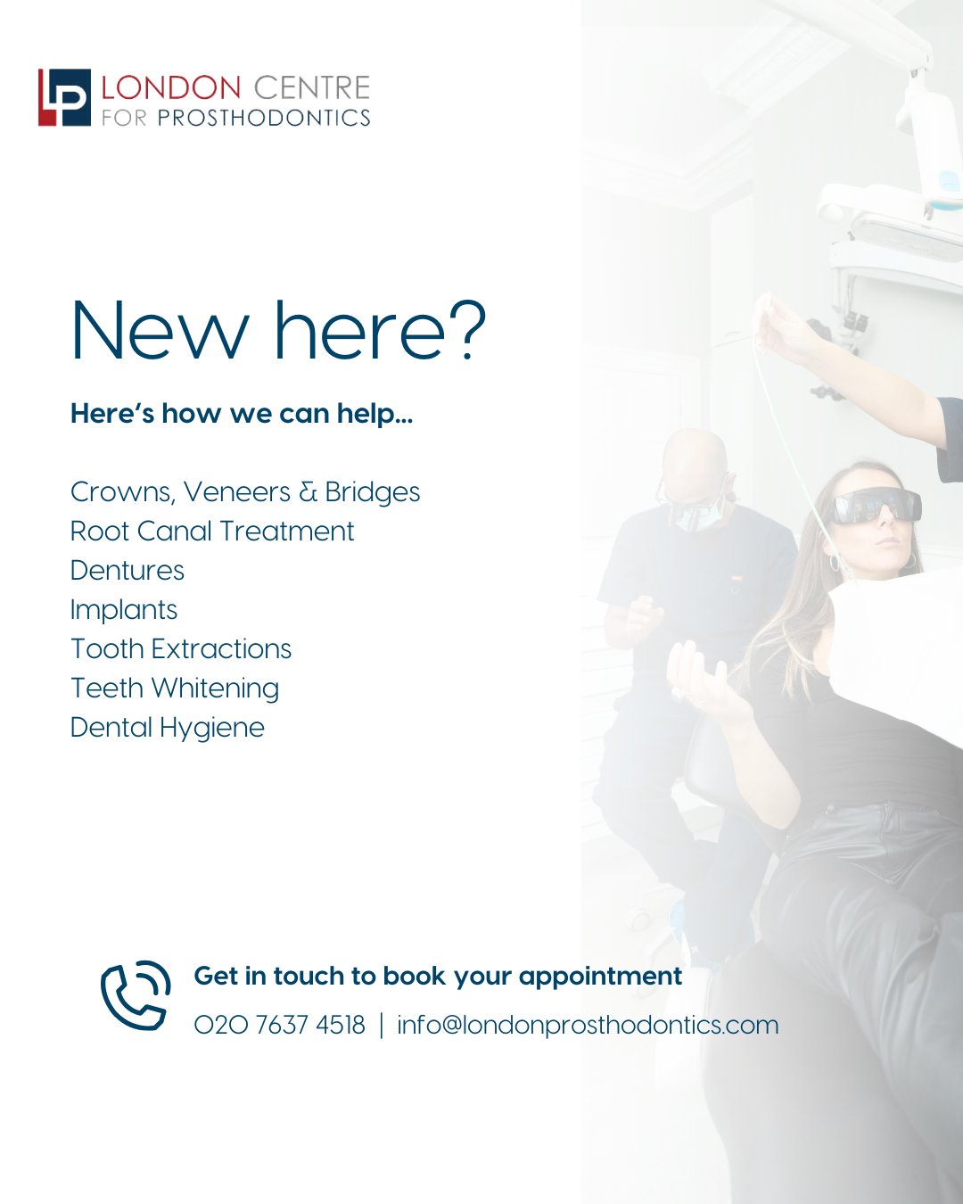 If you’re new here, you’re in safe hands.
Our specialist team offers everything from restorative and cosmetic treatments to hygiene and preventative care.
We’re here to help you feel confident about your smile.
Get in touch with our team to book your appointment - we look forward to seeing you soon!
The London Centre For Prosthodontics
29 Weymouth Street
London, W1G 7DB
020 7637 4518
info@londonprosthodontics.com
Monday - Friday: 7:30am - 4:30pm
#SmileMakeover #EmergencyDentistLondon #LondonDentalClinic #SmileTransformation #CosmeticDentistLondon