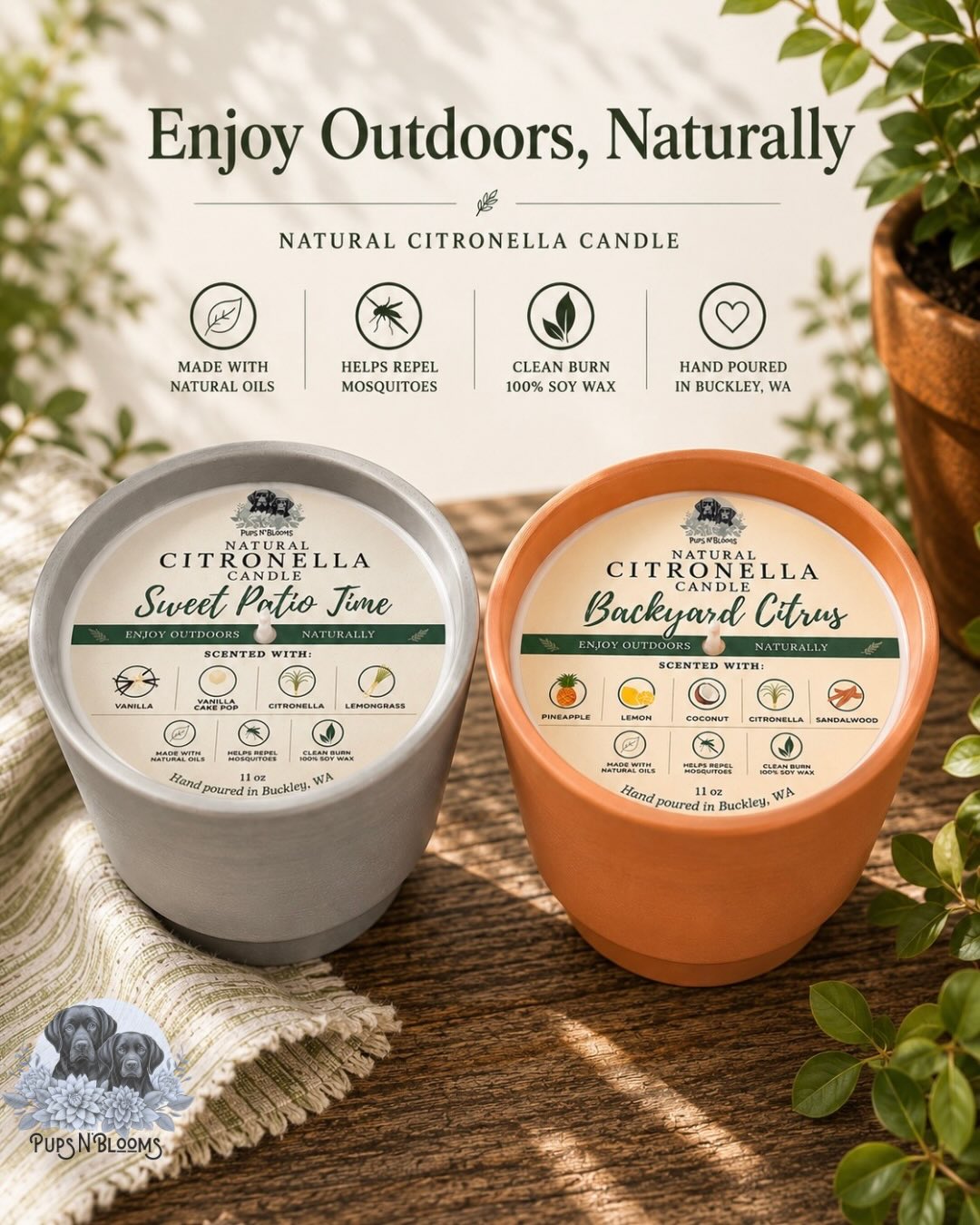 Great scents. Less bugs.
These citronella candles were designed from scratch (not premade fragrance oils) and are true Pups N’ Blooms exclusives ✨
• Sweet Patio Time — think slow, cozy evenings
• Backyard Citrus — embrace those bright, sun-filled days
🌿 Available NOW only at @esasdirtymix (starting May 7)
→ if you want one right away, this is your spot 👀
🛒 Preorders open May 12 on my website
These are made to order, so please allow up to 2 weeks.
Porch pickup available
Shipping + local delivery available (fees apply)
🩵 Preorders will pause when our baby boy makes his arrival (mid-June)
so this is a short window to grab one before things slow down around here
Hand-poured in Buckley, WA
Clean ingredients, safe for the whole family (including your fur babies)
——
🪴 Bonus: The pots are reusable!
Bring it inside and clean it out when you’re about ½ inch from the bottom—perfect for a cute new indoor plant.
