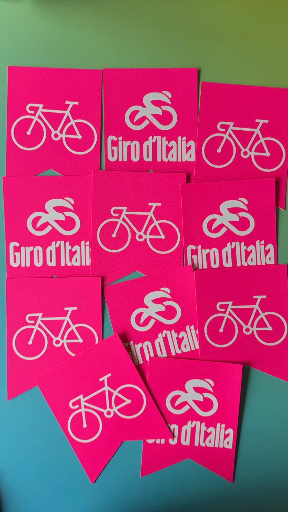 These pops of pink neon flags are so nice to work with for the upcoming Corsa Rosa Giro d’Italia ( a three week Grand Tour cycling race)starting on Friday 8th May. A repeat order for Giuseppe in Italy - thank you. 🙌🏻I am going to be seeing these little pink flags in my dreams tonight!
Giro d’italia neon pink card handmade bunting depicting alternate symbols of the race logo and a bike icon.
Giro d’italia|rosa|corsa rosa |Amore Infinito |The Pink Race|Maglia Rosa Pink Cycling Flags for May 8th |Last minute Giro decor