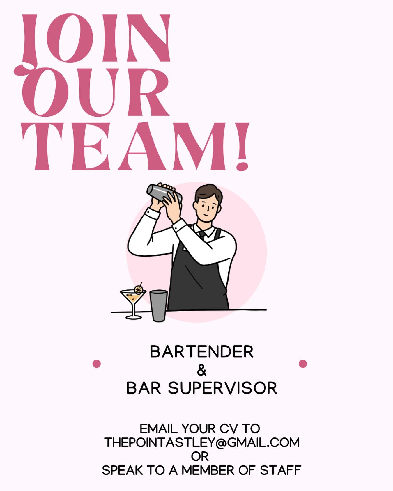 🍸 WE’RE HIRING! 🍸
Join our team at The Point Astley!
✨ Bartender – No experience needed (experience is a bonus, but full training can be provided). Perfect for someone friendly, hardworking, and ready to learn.
✨ Bar Supervisor – Previous bar or hospitality supervisory experience required. Looking for someone confident, reliable, and able to lead a team in a busy environment.
Interested? Send your CV to thepointastley@gmail.com, speak to a member of staff or give us a call on 01942 583350
Please share with anyone who may be interested!
#hiring #bartenderjobs #barsupervisor #hospitalityjobs #joinourteam