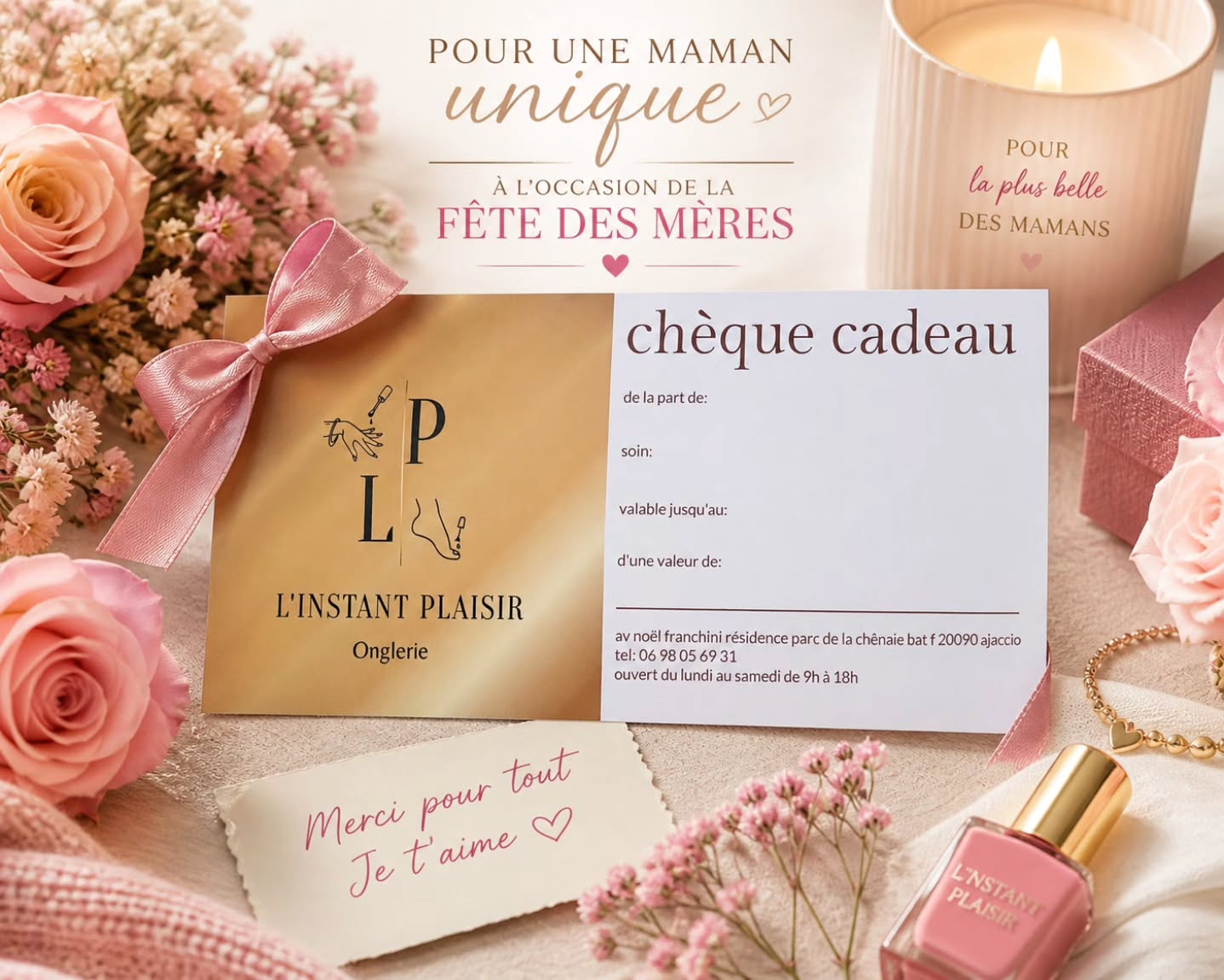 💐✨ FÊTE DES MÈRES ✨💐
Et si, cette année, vous lui offriez bien plus qu’un simple cadeau…
Un véritable moment de douceur et de détente 💕
Avec la carte cadeau L’Instant Plaisir Onglerie, offrez-lui une parenthèse beauté, élégance et bien-être 💅✨
🌸 Parce qu’elle donne tant, chaque jour
🌸 Parce qu’elle mérite de prendre du temps pour elle
🌸 Parce qu’une maman est tout simplement précieuse
🎁 Carte cadeau personnalisable selon le montant de votre choix
📍 Ajaccio
📞 06 98 05 69 31
Offrez-lui l’attention qu’elle mérite pour la Fête des Mères 💖
#fetedesmeres #cadeauideal #onglerie #ajaccio #momentpoursoi