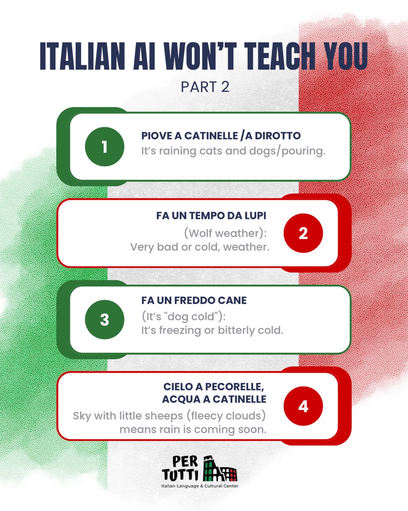 AI can teach you words… but it can’t teach you how Italians actually speak.
Idioms, tone, gestures, cultural context, these aren’t things you memorize, they’re things you experience.
That’s the difference with in-person classes. Real conversations, real-time feedback, and a room full of people learning with you, not just an app talking at you. Offering the sense of community and social interaction that humans thrive on.
Because some things can’t be translated… only lived.