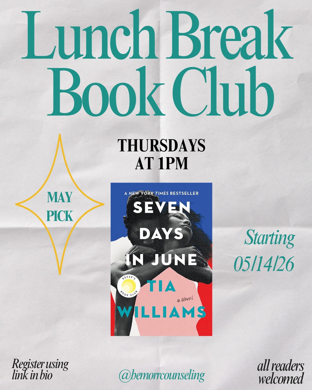 Heads up, y'all đŁ we've got an update!
Our next book club start date has been moved! We will now be starting on Thursday, May 14th at 1:00 PM. đ
We can't wait to gather with y'all and get into it. Use the link in the bio to sign up or send us a DM with your email đ¤
#BeMorr #BookClub #CommunityHeals