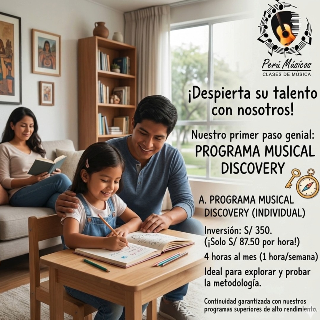 🎶 El Despertar del Talento ¿Tendrá tu hijo un talento oculto para la música? Hoy es el día para descubrirlo. ✨
Muchos padres sienten la corazonada de que su hijo tiene un ritmo especial, pero no saben por dónde empezar. El programa Musical Discovery de Perú Músicos es la puerta de entrada perfecta para transformar esa curiosidad en una experiencia real. 🎹
Este programa de iniciación está diseñado específicamente para evaluar la afinidad rítmica y sensorial de tu pequeño, permitiéndote probar nuestra metodología sin compromisos a largo plazo.
¿Qué incluye el Programa Musical Discovery?
✅ Exploración guiada: 1 hora a la semana (4 horas al mes) de inmersión total.
✅ Evaluación de afinidad: Identificamos el instrumento y el ritmo que mejor conectan con su personalidad.
✅ Metodología PNL: Un enfoque educativo que garantiza una conexión instantánea y divertida con el aprendizaje.
Es el primer paso ideal para quienes buscan calidad, prestigio y una guía profesional desde el primer día.
📍 Clases a domicilio en Lima y Online para todo el mundo.
"En este nivel, no pagas por horas de instrucción, sino por un sistema diseñado para que tu hijo desarrolle disciplina y sensibilidad artística desde casa."
¡Empecemos hoy! Escribe la palabra "DISCOVERY" al DM o al WhatsApp para agendar su primera sesión de exploración. 🚀
www.perumusicos.com
Reserva tus clases al Whatsapp https://wa.me/51922168421 y https://wa.me/51984150584 ¡Esperamos verte pronto!
#PeruMusicos #MusicalDiscovery #ClasesDeMusica #TalentoInfantil #PianoParaNiños #MusicaEnCasa #EducacionIntegral #LimaNiños #AprendizajeCreativo #PrimerosPasosMusicales #ClasesOnline #DisciplinaYArte