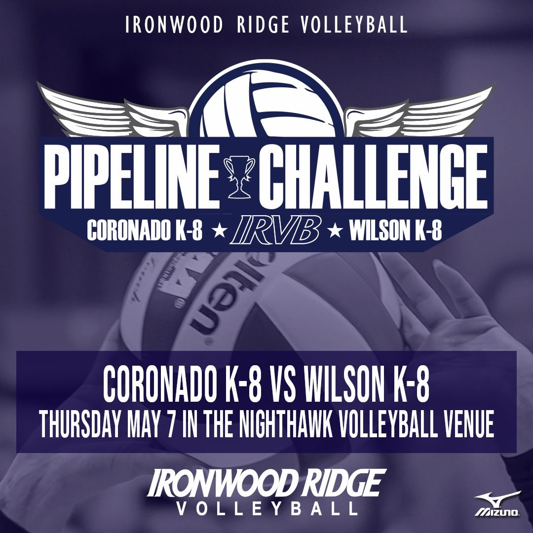 Ironwood Ridge will be hosting feeder schools Coronado K-8 and Wilson K-8 on Thursday in the annual IRVB PIPELINE CHALLENGE. Both middle schools will play their match on the Varsity Competition Court in the Nighthawk Volleyball Venue.
The 7th Grade Match is at 4:30 PM; followed by the 8th Grade Match at 5:30 PM.
#IRVB #Tradition #FutureNighthawks #ClassOf2030 @wilsonk8school @ptowilsonk8 @coronadok8cougars @amphischools