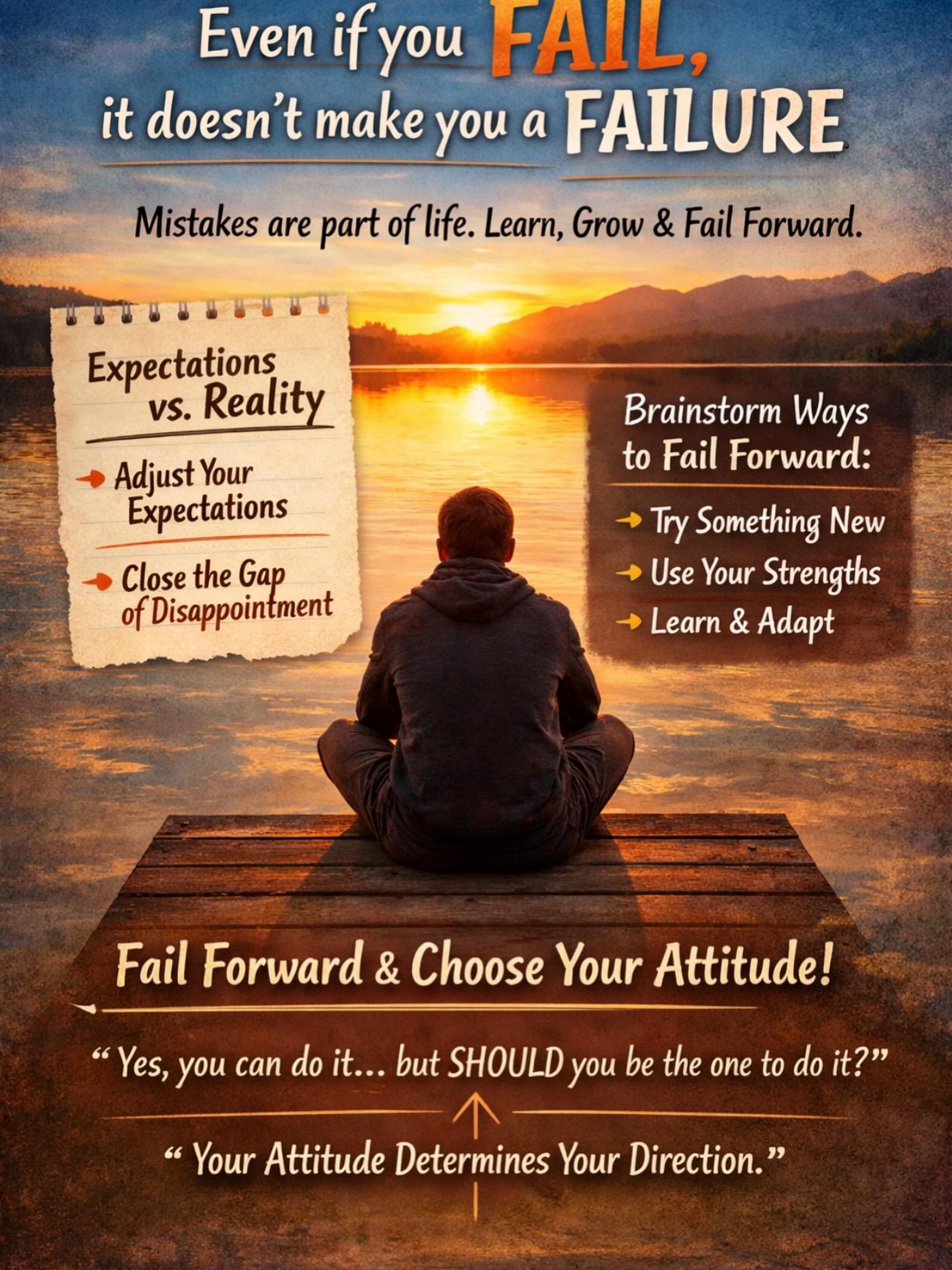 Even if you fail, it doesn’t make you a failure.
Mistakes are part of life. They help you learn, grow, and move forward.
If you find yourself in a funk, pause and write down your expectations versus reality. Are you expecting too much in this season? Are you chasing perfection? The gap between expectations and reality is disappointment. Close that gap.
Adjust your expectations to what is possible right now. Brainstorm ways to fail forward. What can you try differently? Are you using your strengths, or pushing through a weakness?
My husband once said something that stuck with me: Yes, you can do it, but should you be the one to do it?
Choose your attitude. It will make or break you. You get to decide how you show up, and that choice shapes everything.