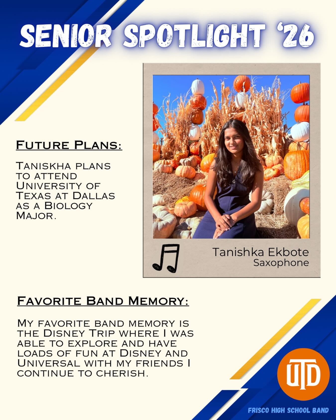 🚨SENIOR SPOTLIGHT 🚨
Congrats Tanishka!!
#friscofinearts #friscoisd #friscohighschoolband #seniorspotlight #fisdfineartsleads @friscoschools @friscofinearts