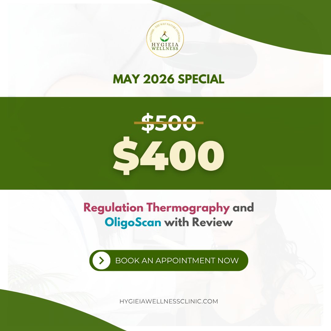 Take charge of your health this May!
Our Regulation Thermography and OligoScan with Review is now $400 — $100 off the regular price of $500.
This comprehensive screening helps detect early imbalances and gives you personalized guidance for better wellness.
Book your appointment today and prioritize your health."
#hygieiawellnessclinic #regulationthermography #oligoscan #rootcausehealing #holisticwellness