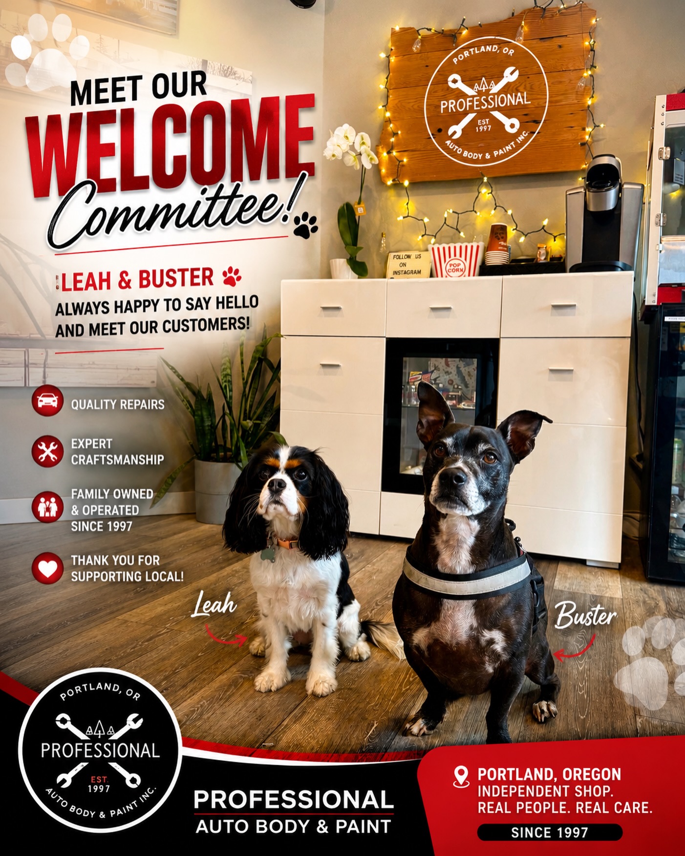 🐾 Meet Our Seasonal Welcome Committee 🐾
Say hello to Leah & Buster, the official greeters here at Professional Auto Body & Paint ❤️
These two are always ready to welcome our customers with wagging tails, happy smiles, and lots of love. Whether you’re dropping off your vehicle, picking up repairs, or stopping by for an estimate, Leah and Buster are here to brighten your day and make you feel right at home 🏡
At Professional Auto Body & Paint, we’re more than just an auto body shop — we’re a family-owned and operated business that believes in creating a warm, friendly, and welcoming experience for everyone who walks through our doors 💓
Serving Portland since 1997, we’re proud to combine quality craftsmanship with family values, community, and a little puppy love ❤️
Stop by and say hi to our favorite team members next time you visit 🚗
#shopdog
#dogsofinstagram
#pdx
#petfriendly
#doglife