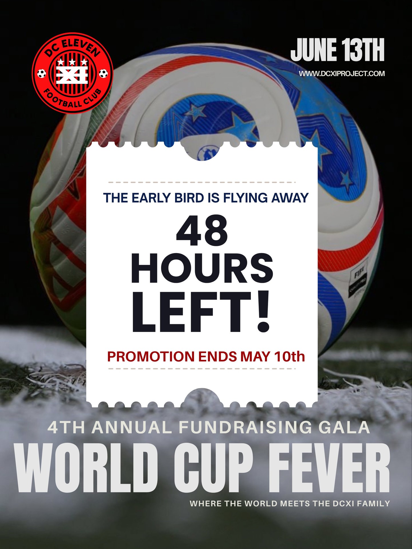 The countdown is ON. Don’t get left on the sidelines! 🚨⚽️
ㅤ
Our 4th Annual Gala: WORLD CUP FEVER is just around the context, and this is your final opportunity to secure your tickets at the exclusive Early Bird rate. In exactly 48 hours, the price will increase.
ㅤ
This isn’t just a night of celebration—it’s a night of impact. Every ticket purchased directly supports our fundraising goals, helping us provide more resources, better facilities, and elite opportunities for every player in our family. 🛡️✨
Why you need to be in the room:
ㅤ
🌍 Global Vibes: A event celebrating the spirit of the 2026 World Cup.
⚽ Support the Vision: Your presence fuels the future of our athletes.
ㅤ
The clock is ticking. Once the Early Bird window closes on Sunday, these prices are gone for good.
ㅤ
🔗 TAP THE LINK IN OUR BIO TO GET YOUR TICKETS NOW!
ㅤ
Tag your soccer parents’ group chat below to make sure everyone locks in the discount before Monday morning! 👇
ㅤ
#DCXIAcademy #EarlyBird #DCXIGala2026 #SoccerFamily #FundraisingEvent