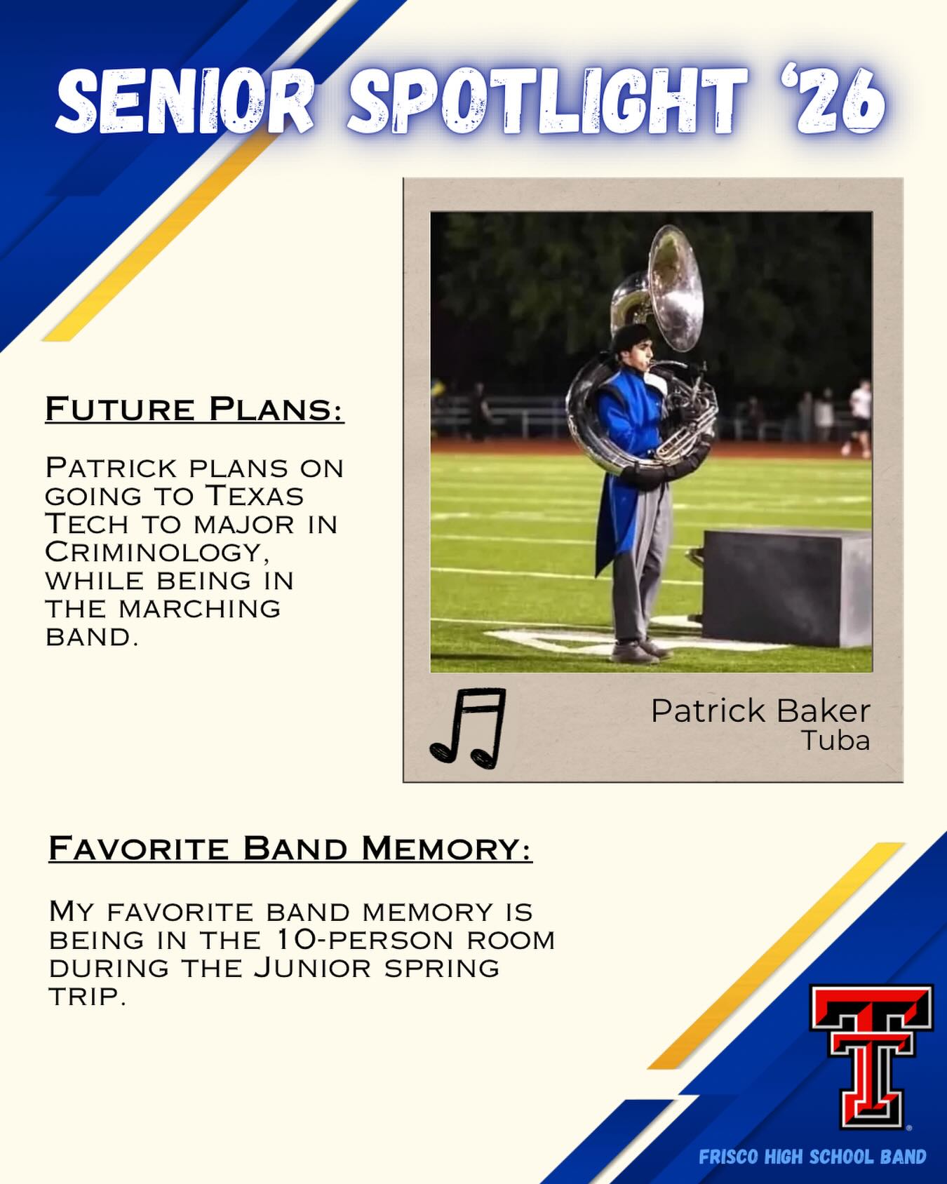 🚨SENIOR SPOTLIGHT 🚨
Congrats Patrick!!
#friscofinearts #friscoisd #friscohighschoolband #seniorspotlight #fisdfineartsleads @friscoschools @friscofinearts