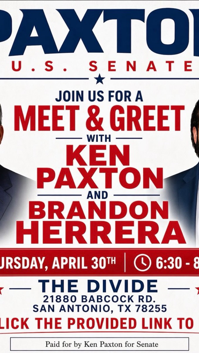 🇺🇸 Tonight at The Divide 🇺🇸
Join us for a special Meet & Greet with Ken Paxton and Brandon Herrera!
🗓 Thursday, April 30
⏰ 6:30 – 8:00 PM
📍 The Divide | 21880 Babcock Rd, San Antonio
Come hang out, connect, and enjoy a great evening with the community. We’ve got an awesome lineup of food vendors on site:
🍕 Zelda’s Pizzeria
🌮 Suni Blingoz Tex-Mex Asian
🔥 Backwoods BBQ & Tacos
And of course, our bar will be serving up ice-cold drinks all night 🍻
Don’t miss it—see you tonight!
#TheDivideTX #SanAntonioEvents #MeetAndGreet #TexasPolitics #FoodTruckVibe