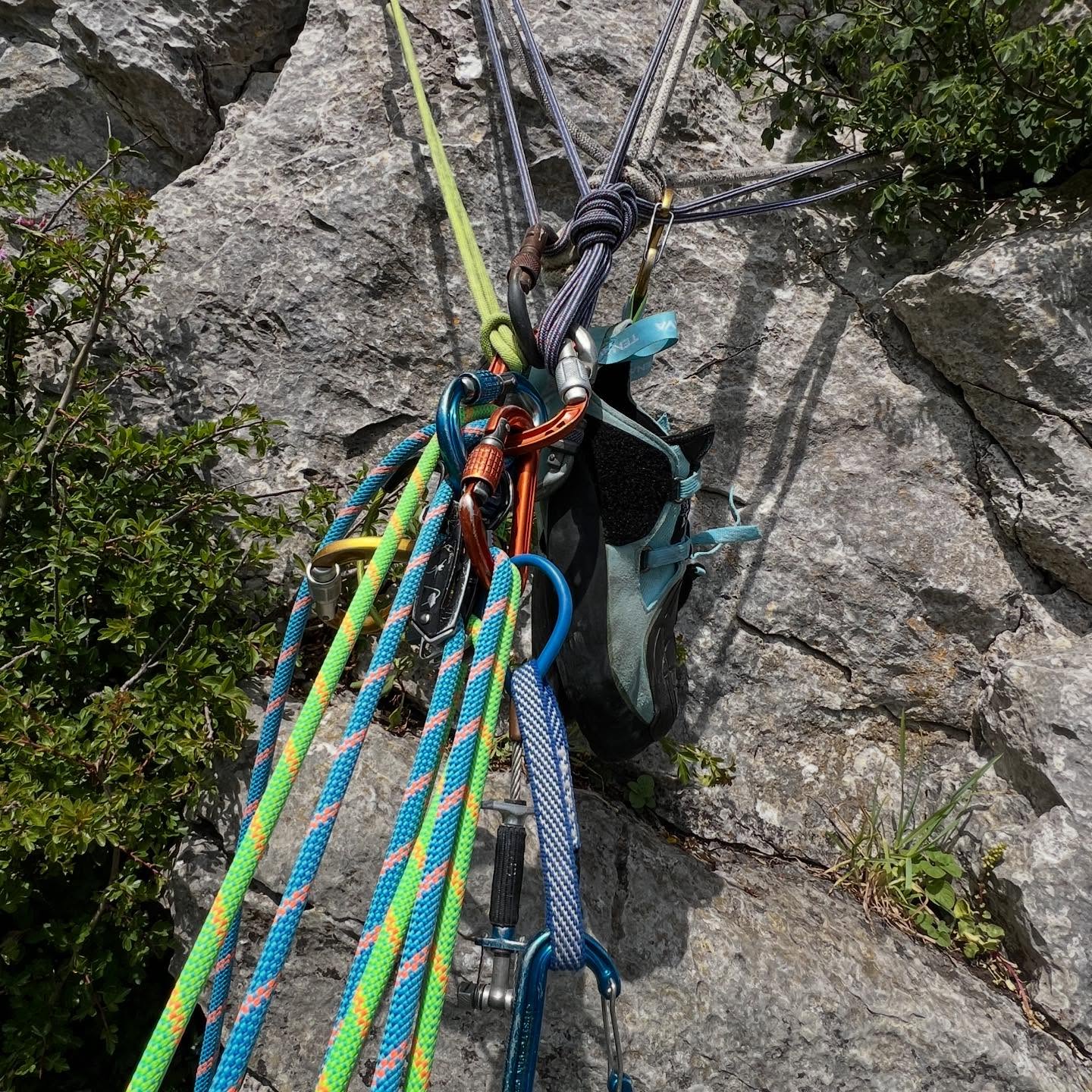 When does “weird stuff” become “good improvisation”?
Yesterday on Machete Wall Direct E2 I reached the belay / ab point with not a lot of kit left.
The belay is 3 pegs all linked together with one piece of in situ static rope, which has also been backed up with a newer piece of cord too, with 2 in situ carabiners. I backed this up with an extra nut linked with my Simond cord.
I set up in guide mode, in hindsight a silly choice… I knew there was a high chance of needing to lower my partner, however my plan if necessary was to ask them to unweight the rope and I’d load strand direct but… they ended up in space 😂
Ok fine, I’d put an auto block (using my Hollowblock) on the climber side and ratchet the belay locker to get some slack. I had zero slings or draws left so linked the auto block to the belay with a cam sling and… the auto block would not grip on my new shiny 8mm ropes, doh. I changed it to a Klemheist banking on it releasing under load due to the slippery nature of the ropes.
It locked, I added a Munter, I added the LSD locker and the Klemheist… released 🎉
I lowered my partner and we all lived happily every after.
Lessons:
I should’ve not used guide mode.
I did problem solve well.
#climbing #belaying #rockclimbing #geek #improvise