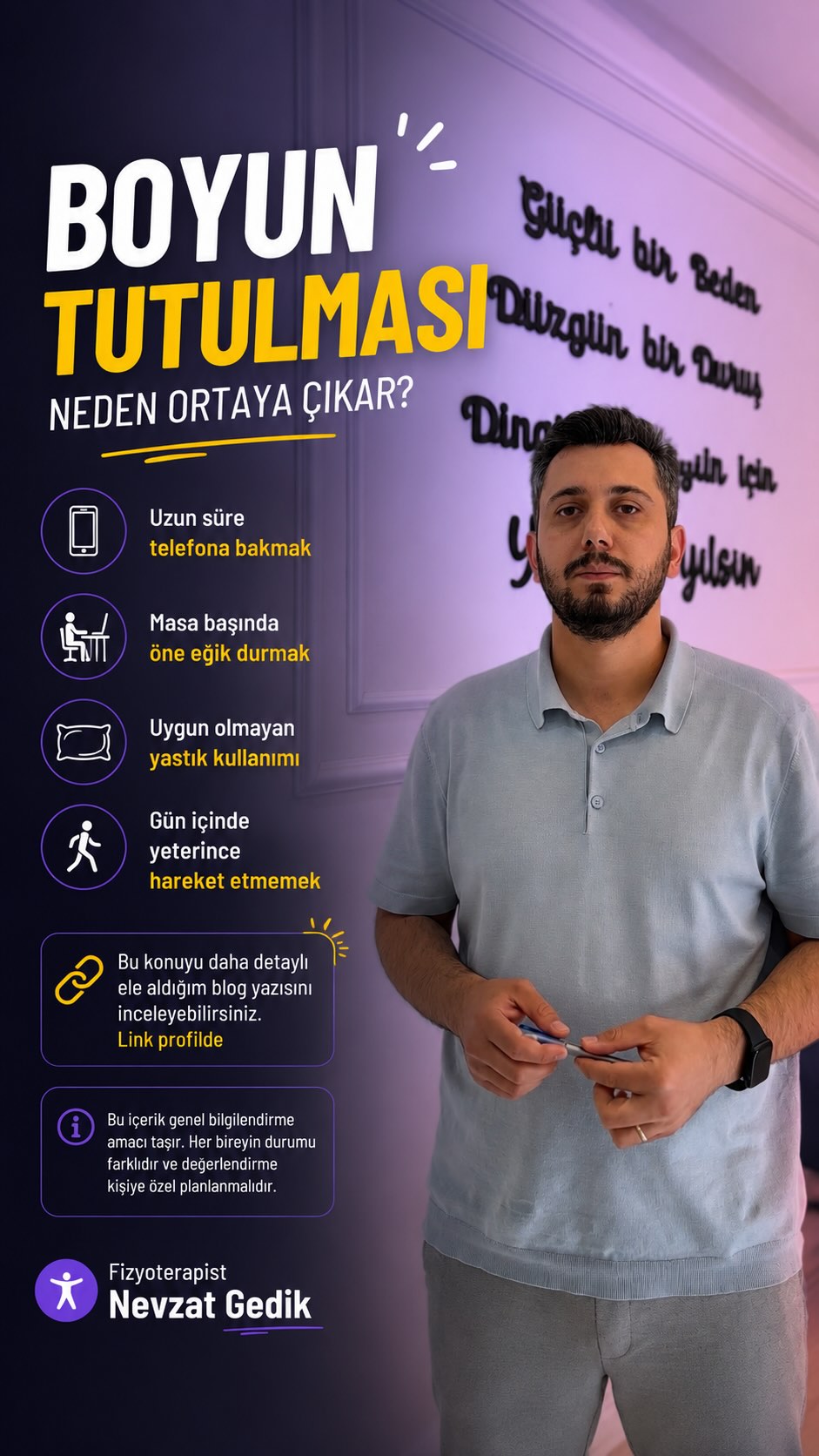 Boyun tutulması çoğu zaman aniden ortaya çıkmış gibi hissedilir.
Ancak çoğu durumda bu durum, günlük hayatta fark etmeden yapılan alışkanlıklarla ilişkili olabilir.
📱 Uzun süre telefona bakmak
💻 Masa başında öne eğik durmak
🛌 Uygun olmayan yastık kullanımı
🚶♂️ Gün içinde yeterince hareket etmemek
Bu gibi faktörler boyun bölgesinde yüklenmeye ve gerginlik hissine neden olabilir.
Günlük yaşamda küçük farkındalıklar oluşturmak, duruşu gözden geçirmek ve hareket alışkanlıklarını düzenlemek bu noktada önemlidir.
👉 Bu konuyu daha detaylı ele aldığım blog yazısını inceleyebilirsiniz.
🔗 Link profilde
⸻
ℹ️ Bu içerik genel bilgilendirme amacı taşır.
Her bireyin durumu farklıdır ve değerlendirme kişiye özel planlanmalıdır.
⸻
———
Fizyoterapist Nevzat Gedik
Özel Sağlık Meslek Hizmet Birimi
📍 Yenişehir / Mersin
📞 0534 983 17 79
🌐 www.fizyoterapistnevzatgedik.com
#boyuntutulması
#boyunağrısı
#fizyoterapist
#mersin
#mersinfizyoterapist