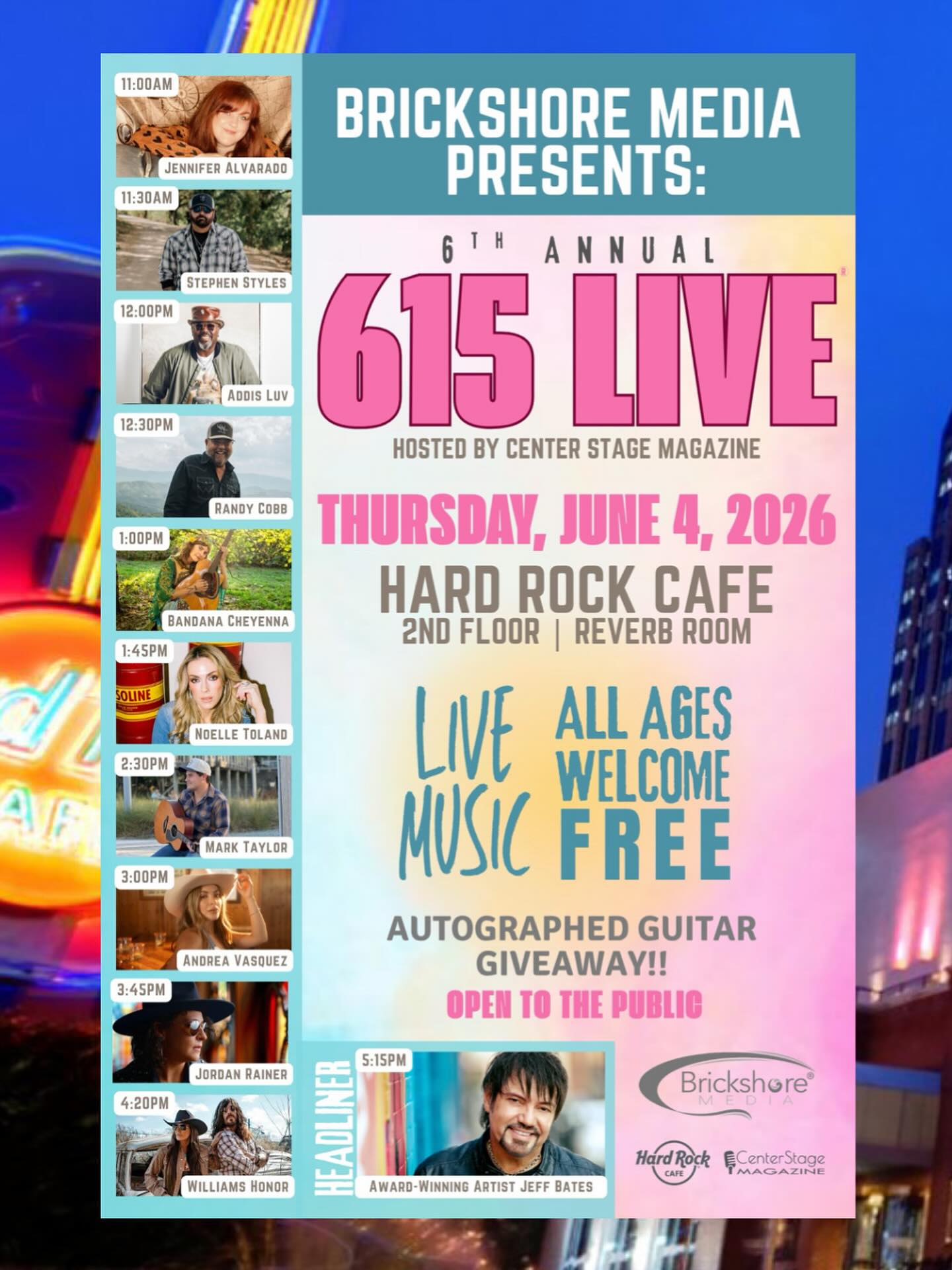 📣We’re so excited to announce that our #615LIVE is back! 🎶
Our 6th Annual show will take place during CMA Music Festival, on Thursday, June 4, 2026 from 11AM-6PM and will feature performances from some of Brickshore Media’s talented roster and friends including our headliner - AWARD-WINNING ARTIST JEFF BATES!
This is a free show, open to the public and will be held on the second floor of Nashville’s iconic Hard Rock Cafe in their Reverb Room!
Hosted & live-streamed by @centerstagemagazine.
We hope to see you there!